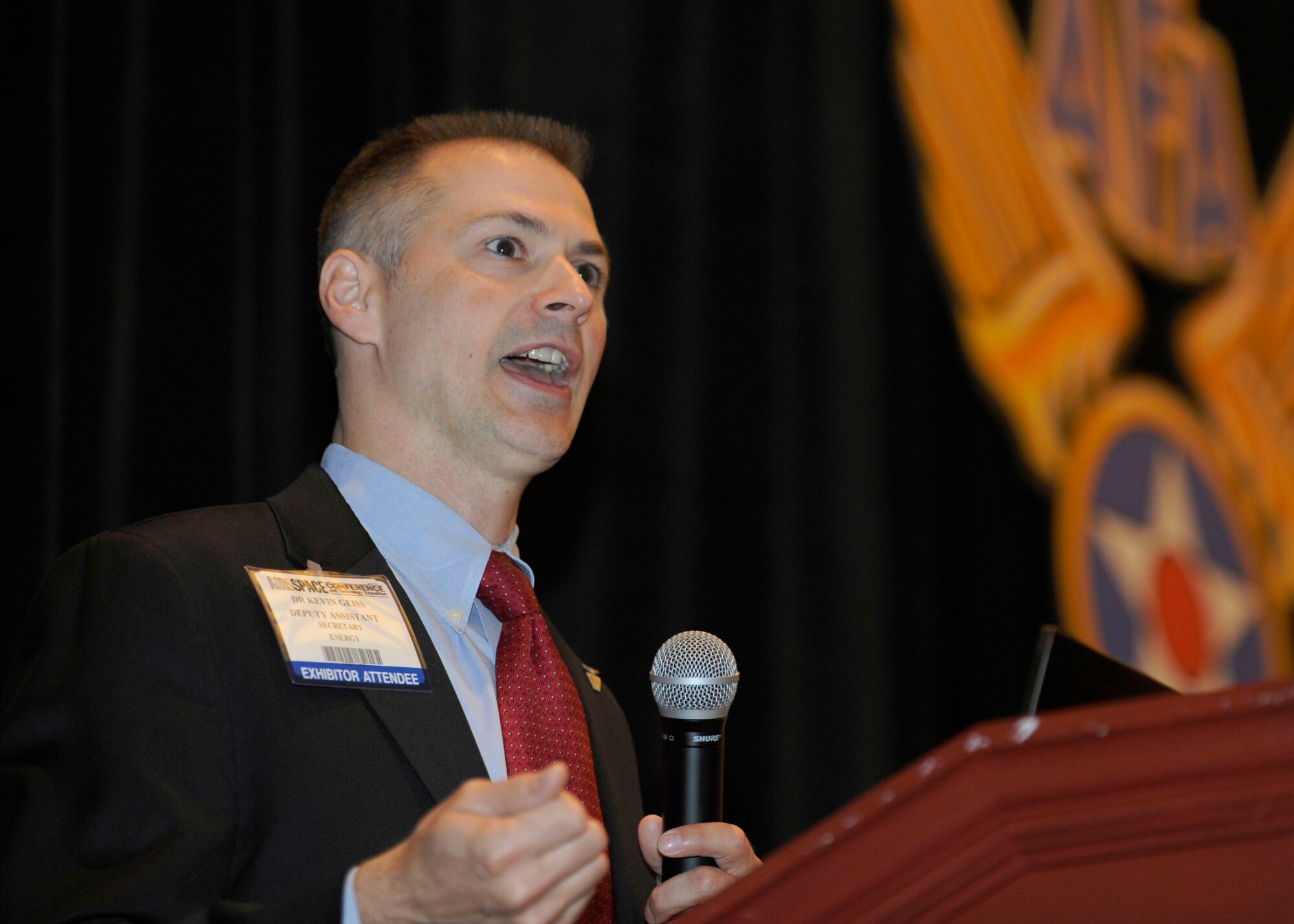 Dr. Kevin Geiss discusses energy considerations at the Air Force Association’s 2013 Air & Space Conference and Technology Exposition, Sept. 19, 2013, in Washington, D.C. Geiss highlighted the force’s strategic energy plan which involved improving resiliency, reducing demand, assuring supply and fostering an energy award culture. Geiss is the deputy assistant secretary of the Air Force for Energy. (U.S Air Force Photo/Airman 1st Class Nesha Humes) 