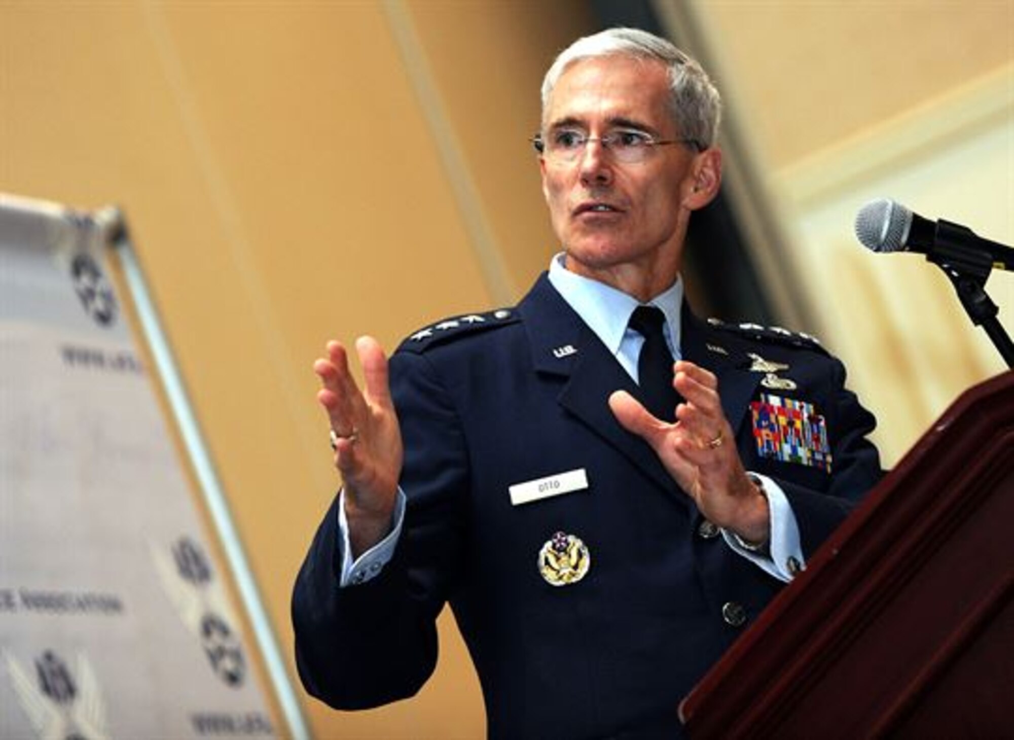 Lt. Gen. Robert P. Otto speaks about the beginnings of Air Force intelligence, surveillance and reconnaissance in the Air Force and where ISR is headed now Sept. 17, 2013, at the Air Force Association's Air & Space Conference and Technology Exposition in Washington, D.C. Looking at the historical events, Otto showed the ways the Air Force can move forward in current times. Otto is Air Force's deputy chief of staff for ISR. (U.S. Air Force photo/Airman 1st Class Aaron Stout) 