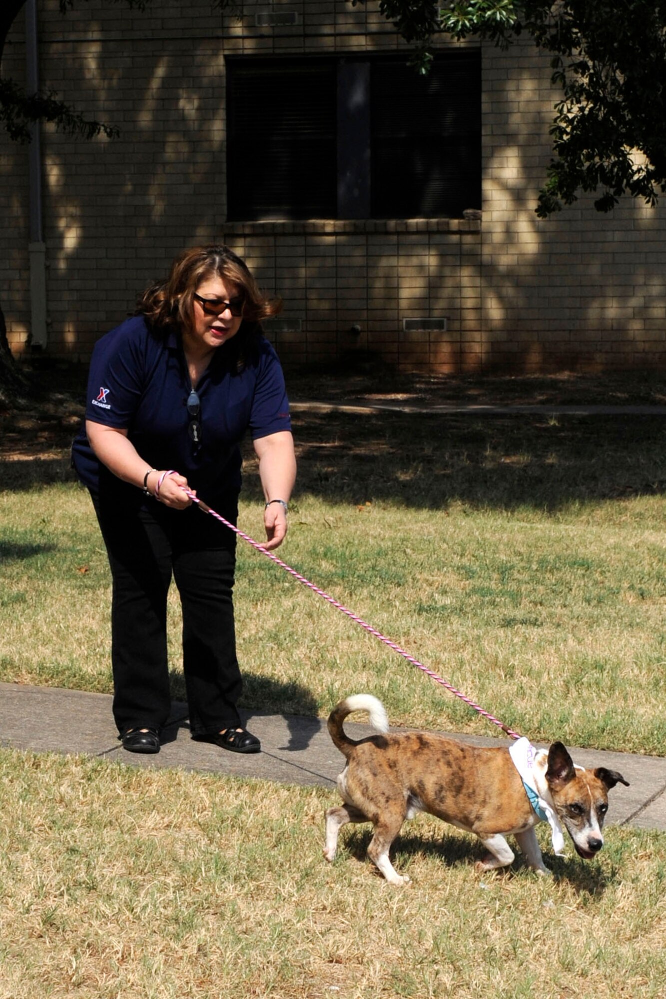 Delma Torres, sales and merchandise manager, Barksdale Exchange, walks Spotty, before deciding to adopt him during the Humane Society of Northwest Louisiana adoption event at the Base Exchange on Barksdale Air Force Base, La., Sept. 14, 2013. The Humane Society of Northwest Louisiana is one of three “no kill” shelters in the Shreveport/Bossier City area. HSNWL supports several events each month, which include adoptions, washing, fund raising and awareness events. (U.S. Air Force photo by Master Sgt. Jeff Walston/Released)