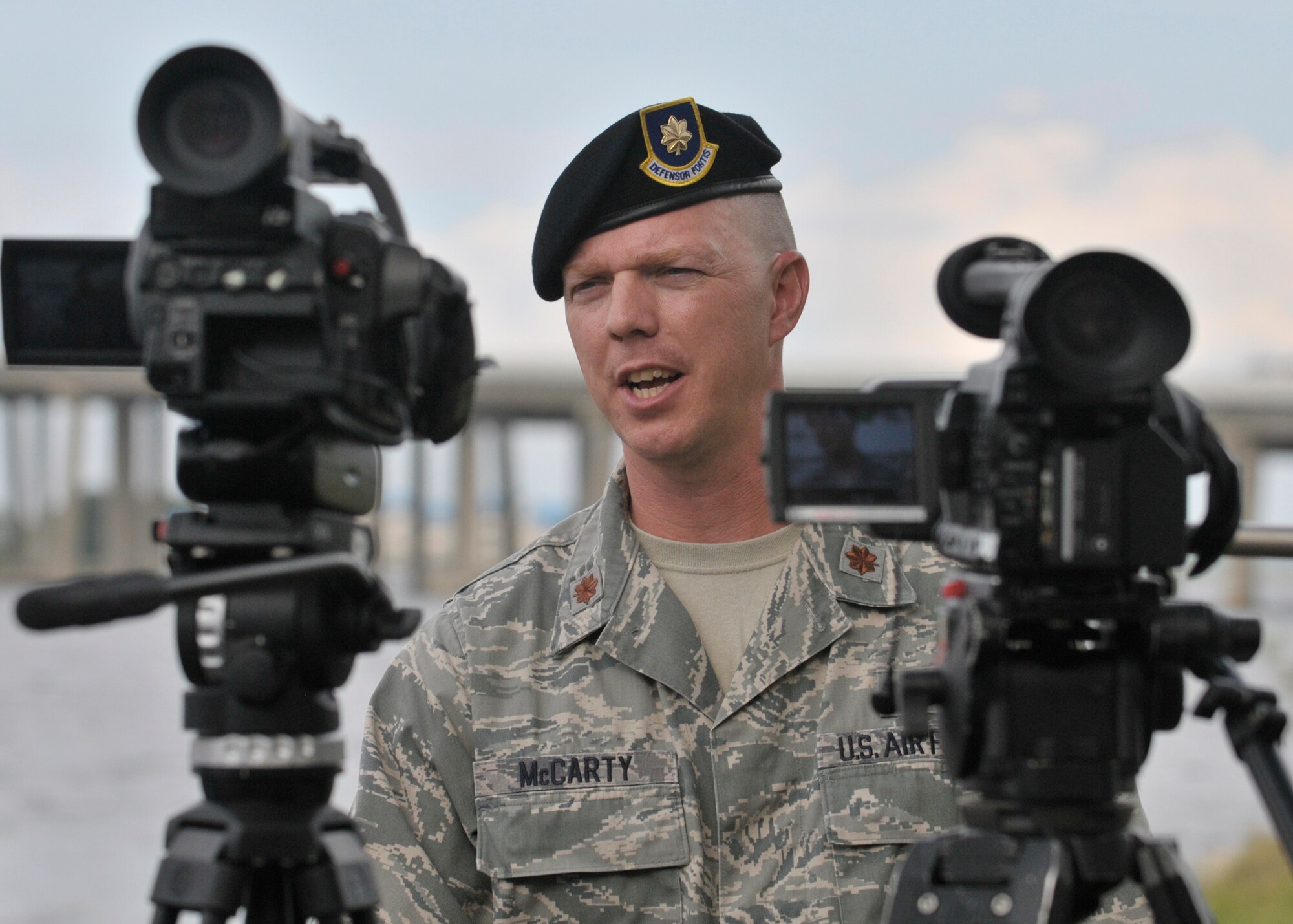 Maj. Anthony McCarty, 325th Security Forces Squadron commander, discusses the progress of the Tyndall Waterway Security Proposal during a press conference Sept. 18. (Air Force Photo by Staff Sgt. Javier Cruz) 