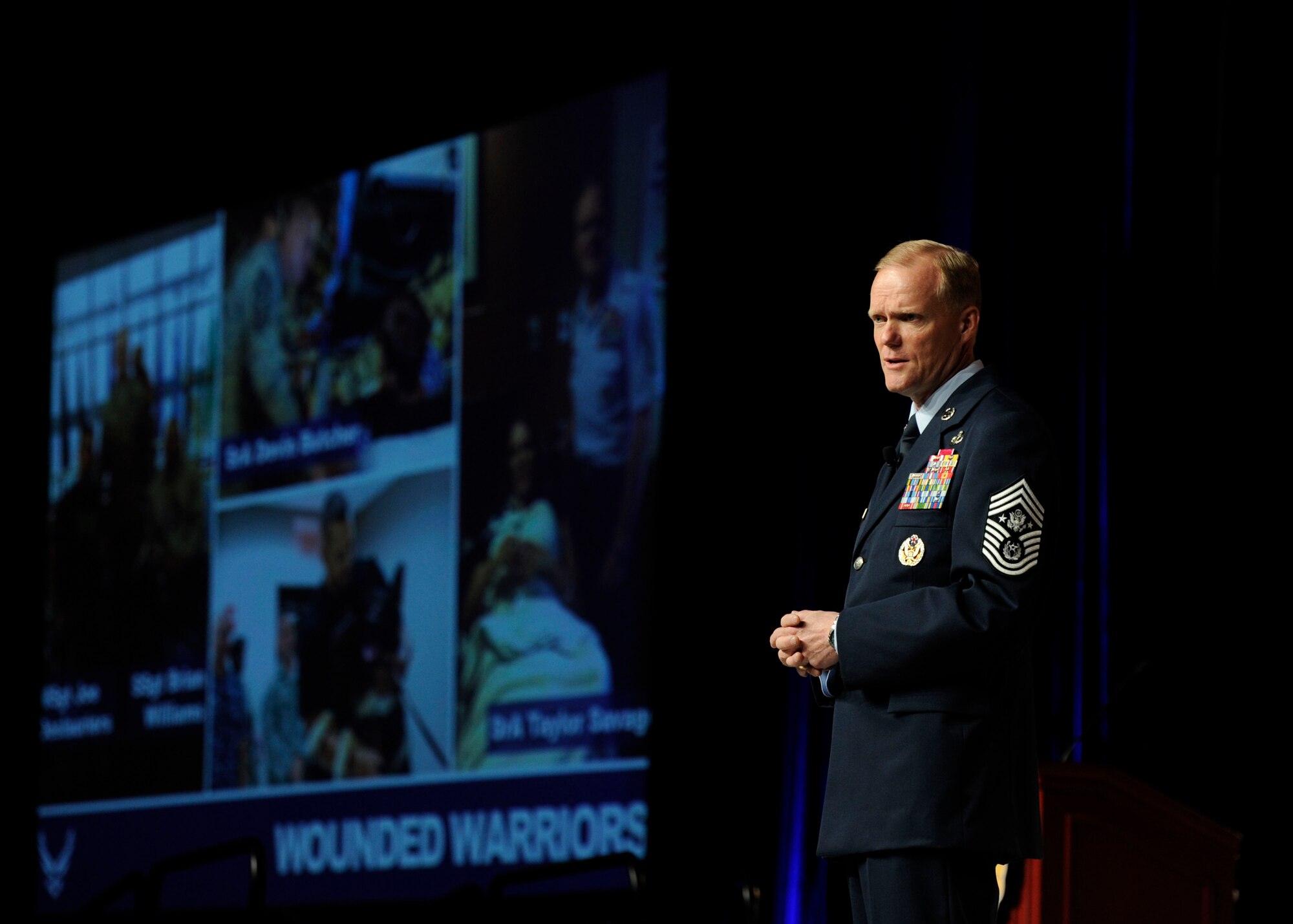 Chief Master Sgt. of the Air Force James A. Cody discusses Airmen development during his “Enlisted Perspective” speech at the Air Force Association’s 2013 Air & Space Conference and Technology Exposition Sept. 18, 2013, in Washington, D.C. Cody cited examples of Airmen who display the tenacity and dedication required to persevere through the fight. Cody’s role is to provide direction for the Air Force enlisted corps and represent their interests to those in all levels of government. (U.S Air Force photo/Airman 1st Class Nesha Humes) (Photo by Airman 1st Class Nesha Humes)
