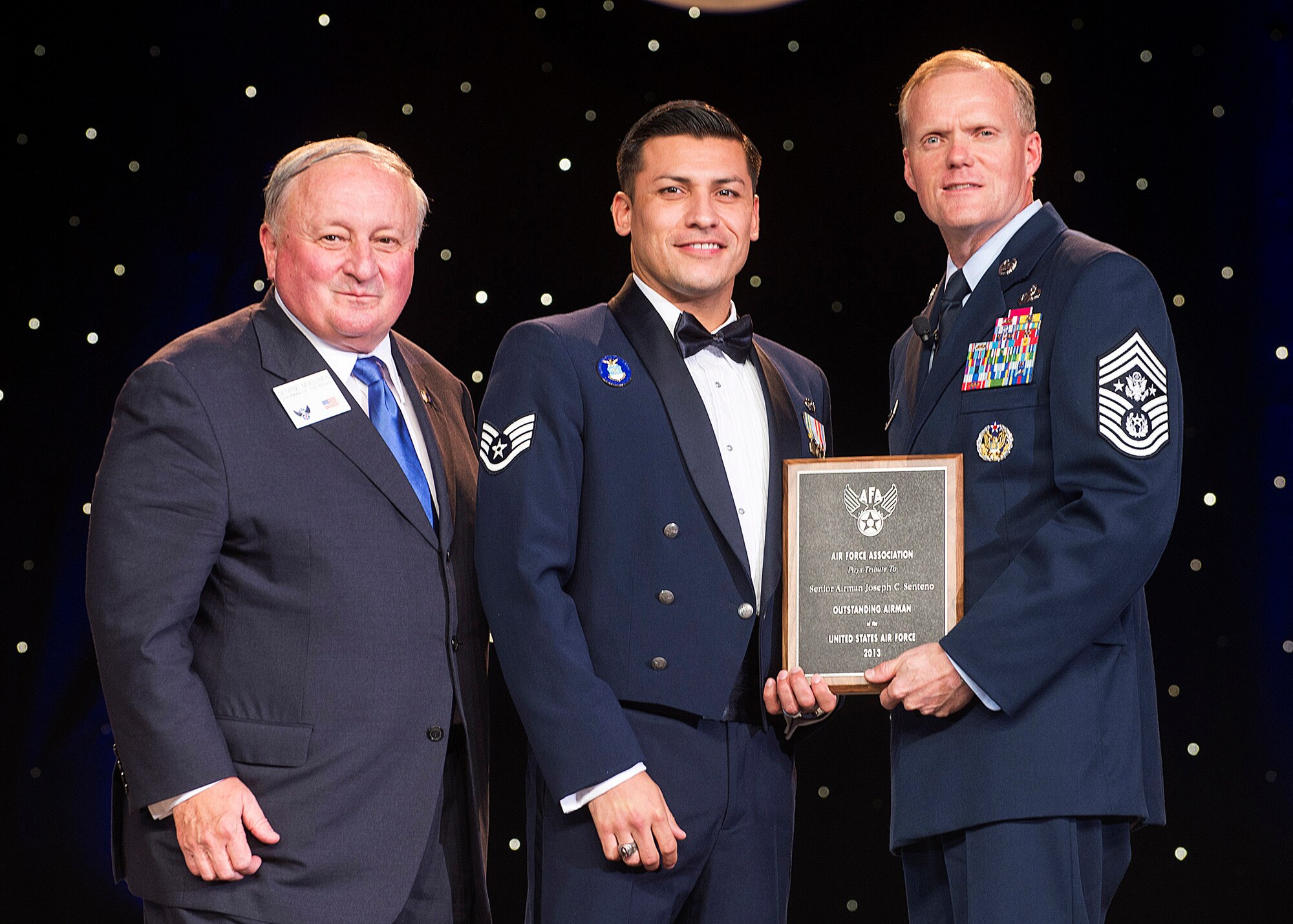 Senior Airman Joseph Senteno was recognized as one of the 12 Outstanding Airmen of the Year at a reception and awards dinner hosted by the Air Force Association during the AFA's annual Air & Space Conference and Technology Exposition Sept. 16, 2013, in Washington, D.C. The OAY award recognizes the top 12 outstanding enlisted Airmen for superior leadership, job performance, community involvement and personal achievements. Senteno is a budget technician with the 2nd Comptroller Squadron at Barksdale Air Force, La. (U.S. Air Force photo/Jim Varhegyi) 