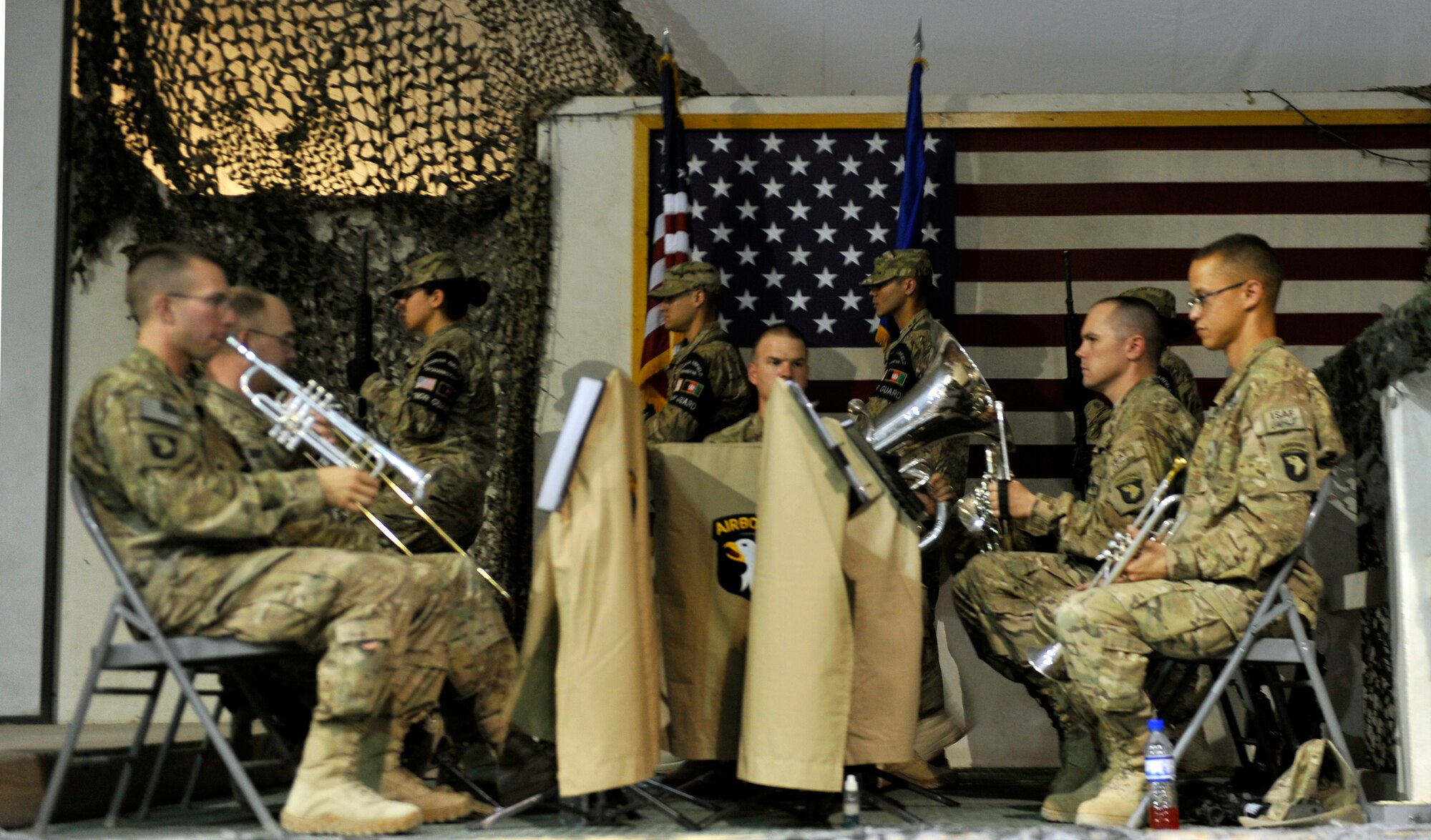 More than 300 service members gathered on Bagram Airfield, Afghanistan, Sept. 18, to celebrate the Air Force's 66th Birthday. The event included dinner, a cake cutting by the youngest Airmen here and a speech by the 455th Command Chief, CMSgt Kenneth Lindsey. (U.S. Air Force photo/ Staff Sgt. Stephenie Wade) 