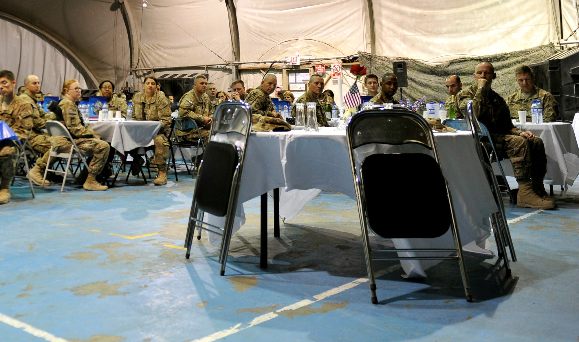 More than 300 service members gathered on Bagram Airfield, Afghanistan, Sept. 18, to celebrate the Air Force's 66th Birthday. The event included dinner, a cake cutting by the youngest Airmen here and a speech by the 455th Command Chief, CMSgt Kenneth Lindsey. (U.S. Air Force photo/ Staff Sgt. Stephenie Wade) 