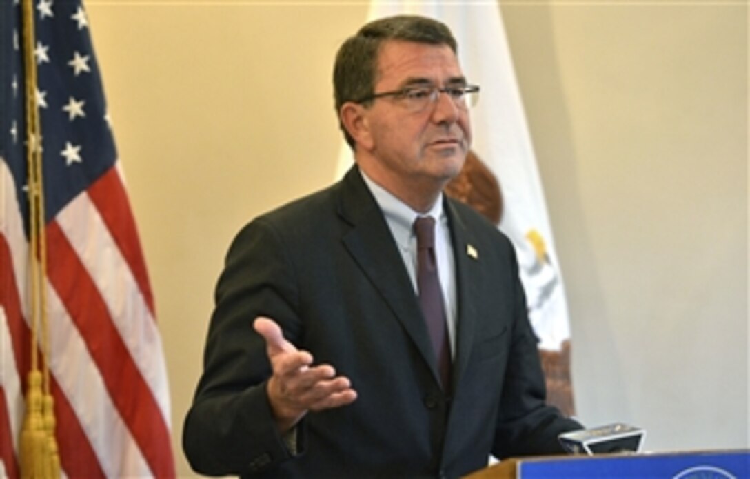 Deputy Secretary of Defense Ashton B. Carter holds a press conference on the final day of his visit to Delhi, India, on Sept. 18, 2013.  Carter is finishing a weeklong trip to Afghanistan, Pakistan and India to meet with senior leaders and troops deployed to the region.  