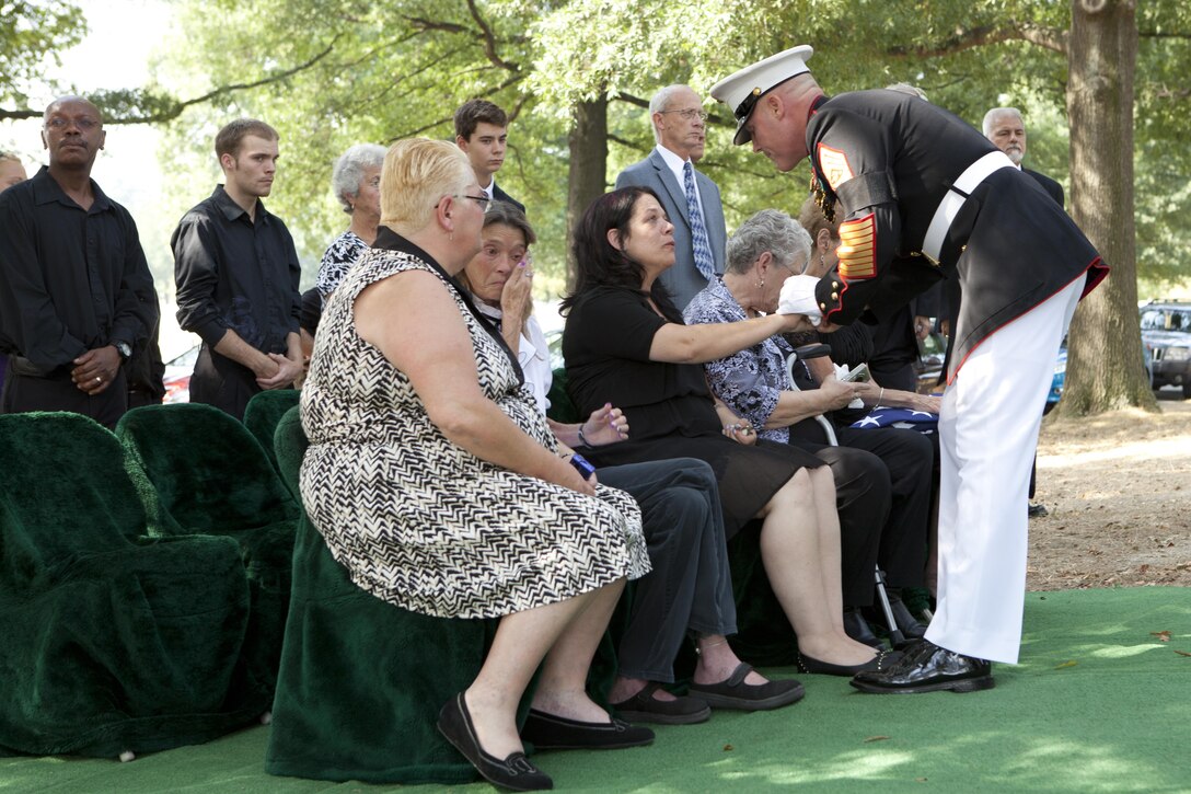 The 17th Sergeant Major of the Marine Corps, Sergeant Major Michael P. Barrett, attends a funeral service for Master Sergeant (ret) Albert W. McMullen at Arlington National Cemetery, Arlington, VA, on 10 September, 2013. (U.S. Marine Corps photo by Sergeant Christopher A. Green)