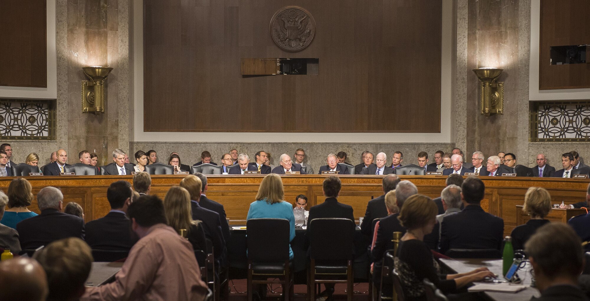 Ms. Deborah Lee James (foreground center) listens to a question from Ranking Member of the Senate Armed Services Committee James Inhofe Sept. 19, 2013, in Washington, D.C. The committee convened to consider her nomination by President Barack Obama to be the 23rd sSecretary of the Air Force. If confirmed, James would be the second female secretary in the Air Force's history. The first was Shelia Widnall, who served as secretary from 1993 to 1997.  Besides James four other nominees were being considered for jobs throughout the Department of Defense.