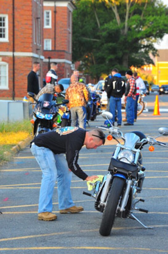 Marines prepare their motorcycles before a ride to Manassas, on Sept. 19, 2013. Headquarters and Service Bn. sponsored the ride to Manassas National Battlefield Park.  