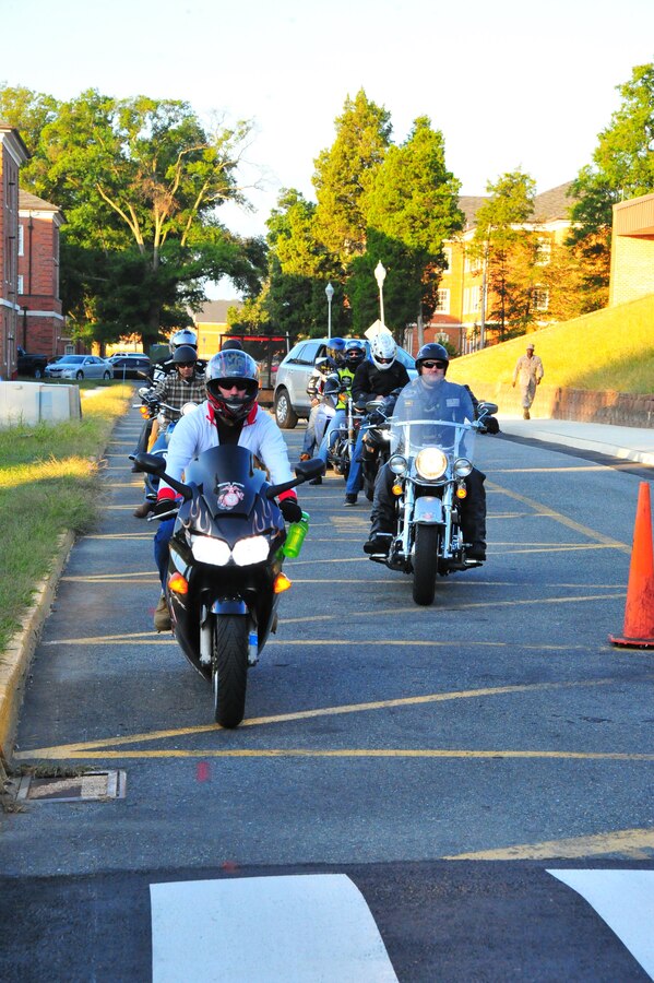 Marines leave on a ride to Manassas, on Sept. 19, 2013. Headquarters and Service Bn. sponsored the ride as a fulfillment for monthly Marine motorcyclist requirements.  