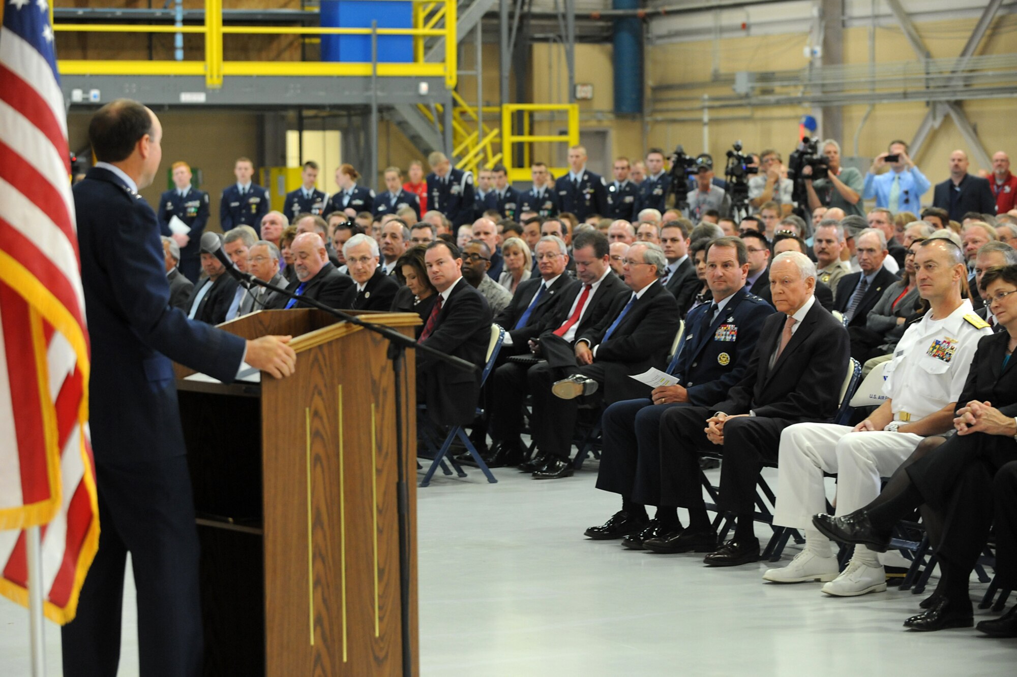 Lt. Gen. Bruce Litchfield, Air Force Sustainment Center commander, speaks during the F-35A Lightning II Joint Strike Fighter commemoration ceremony Sept. 20, 2013, at Hill Air Force Base, Utah. Hill, Lockheed Martin, Utah elected officials and community members gathered for a ceremony to commemorate the beginning of F-35 depot maintenance at the Ogden Air Logistics Complex. The F-35A is a multi-variant, multi-role, fifth generation fighter, and will undergo organic depot modification work at Hill AFB. (U.S. Air Force photo/Alex R. Lloyd)