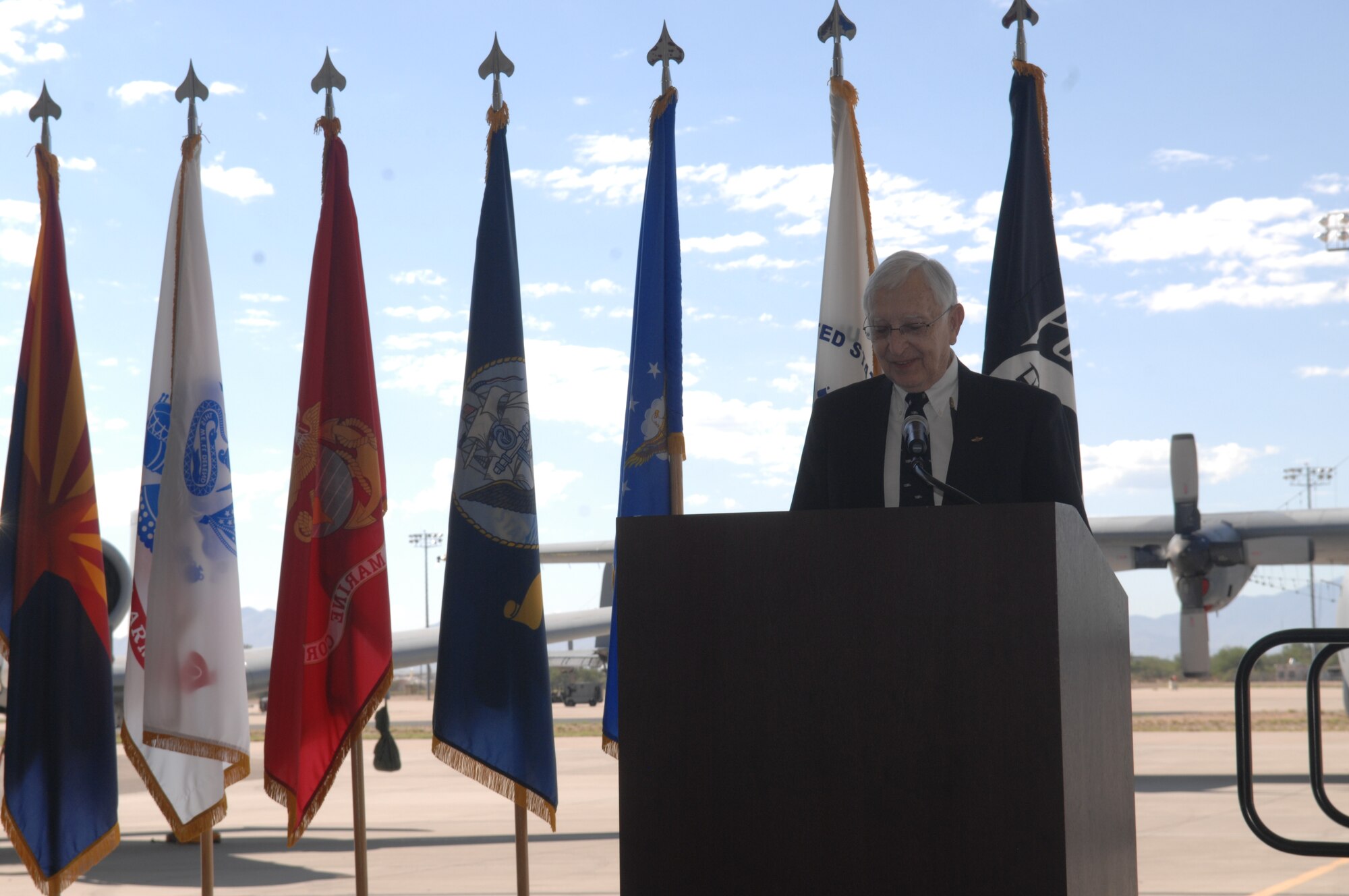 Former U.S. Army Corporal John A. Swett shares his story during a POW/MIA ceremony at Davis-Monthan Air Force Base, Ariz., Sept. 20, 2013. Swett was captured by German forces during World War II for 202 days before being freed by General Patton's Third Army.
