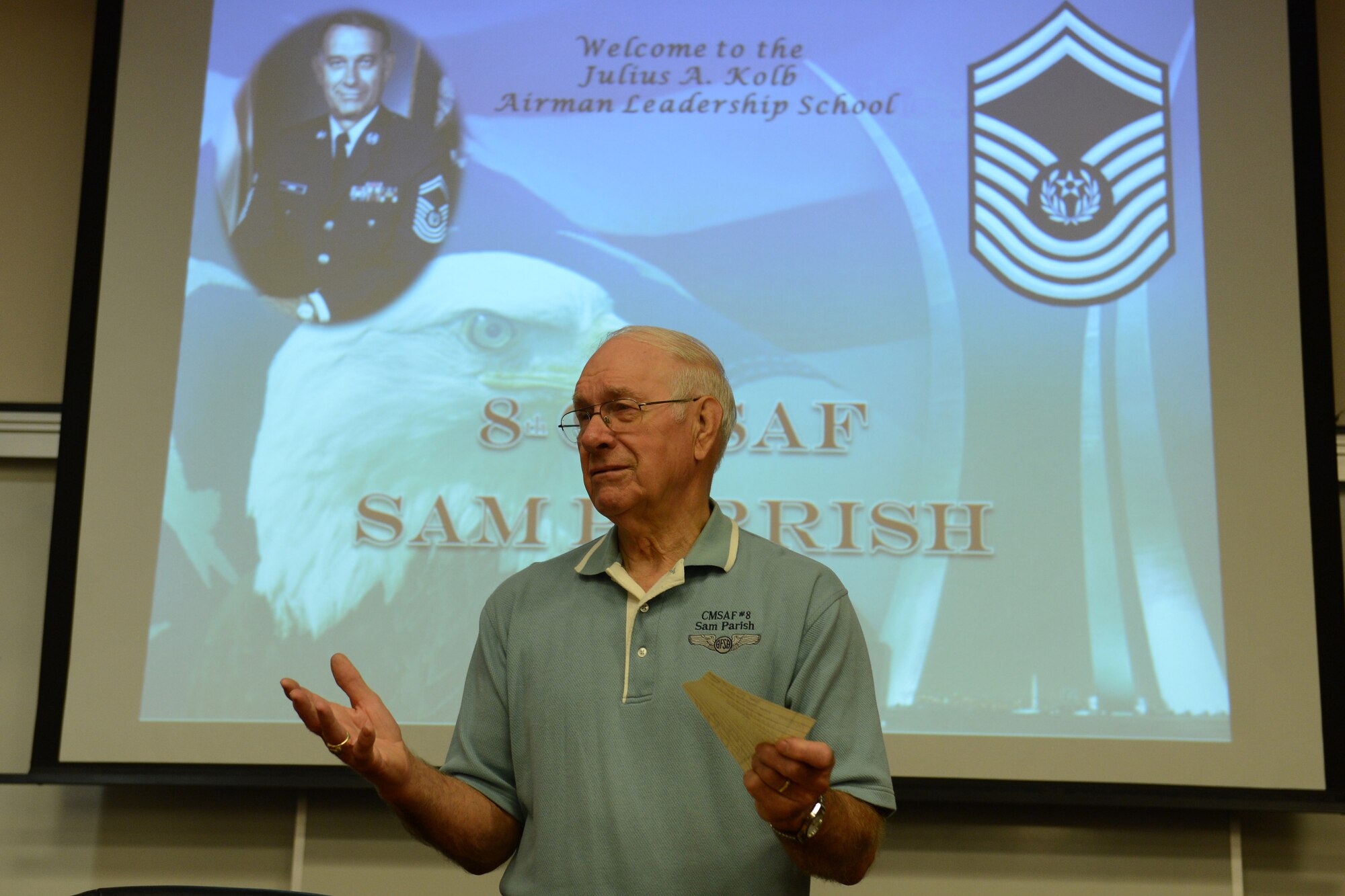 Sam Parish, 8th Chief Master Sgt. of the Air Force, mentors Airmen at the Julius A. Kolb Airman Leadership School, Sept. 9, 2013, at Joint Base Lewis-McChord, Wash. Parish served as the Air Force’s senior enlisted leader between 1983 and 1986. (U.S. Air Force photo/Airman 1st Class Jacob Jimenez) 