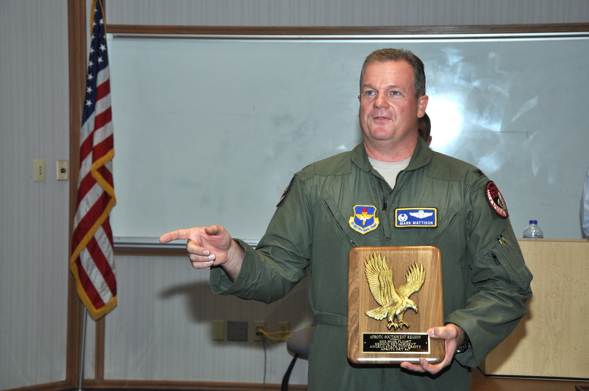 SAN ANGELO, Texas – Col. Mark Mattison, Air Force ROTC Southwest Region Commander, speaks to Air Force ROTC Detachment 847, before presenting them with the 2013 High Flight award as the best medium-size detachment in the Southwest Region at Angelo State University Sept. 18. This is the second consecutive year Detachment 847 has won the award. (U.S. Air Force photo/ Airman 1st Class Joshua Edwards)