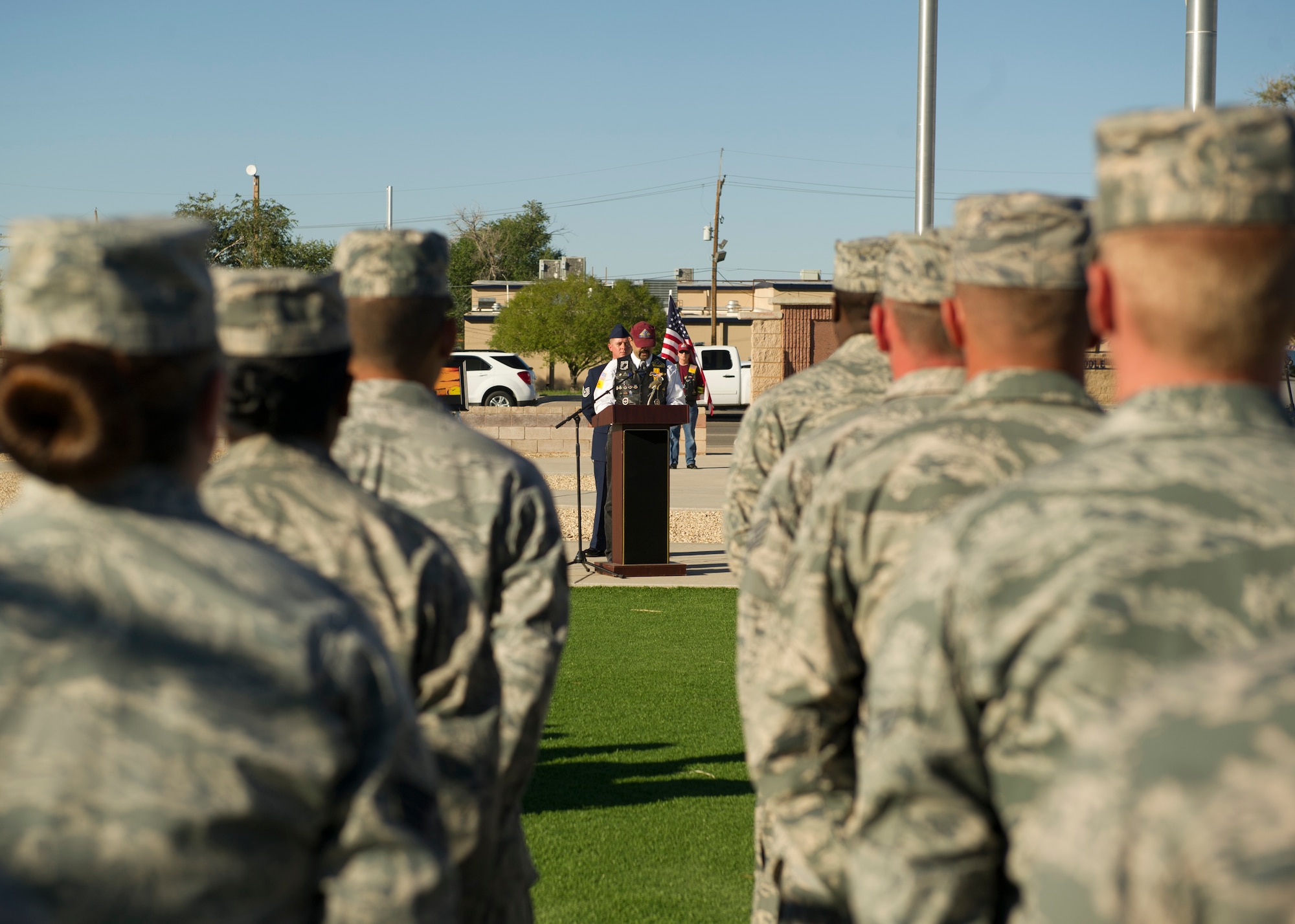 Master Sergeant retired Paul Sanchez, Senior Ride Capt. of the South East New Mexico Patriot Guard Riders, spoke in honor of the POW/MIA Day of Remembrance at Holloman Air Force Base, N.M., Sept. 20. Holloman personnel organized a 24-hour run and will hold a 24-hour vigil in honor of prisoners of war and service members missing in action. (U.S. Air Force photo by Airman 1st Class Chase Cannon/Released)