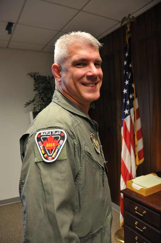 Master Sgt. Jeff Botz, 700th Airlift Wing loadmaster, displays the 2013 Maple Flag patch on his flight suit. Botz along with 47 other Airmen from the wing traveled to Edmonton, Alberta Canada last month to participate in Maple Flag 2013, a multi-unit international exercise sponsored by the Canadian Armed Forces and Air Combat Command. (U.S. Air Force photo/Senior Airman Elizabeth Van Patten)