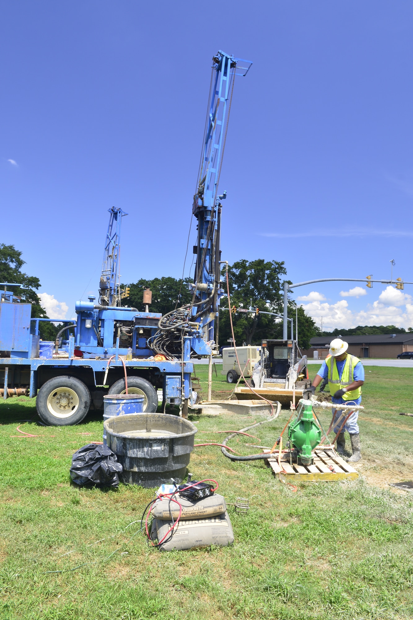 Contractors install wells to treat groundwater contamination along Ninth Street at Robins Air Force Base. Only shallow groundwater was affected by the contamination which did not reach any base drinking water sources. (U.S. Air Force photo by Ed Aspera)