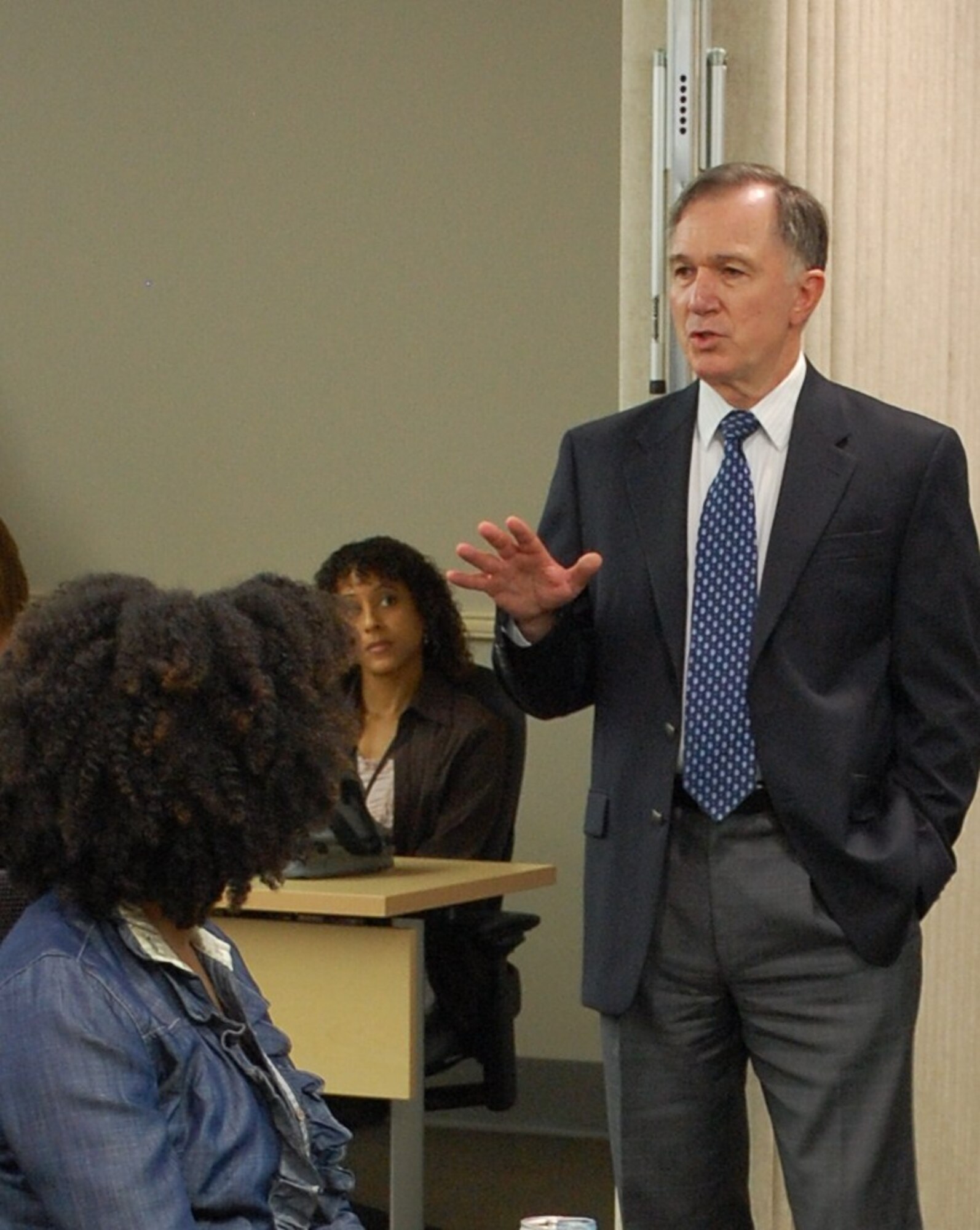 Gerald F. “Fred” Pease Jr., Deputy Assistant Secretary of the Air Force for Environment, Safety and Occupational Health, discusses environmental issues with an Air Force Civil Engineer Center audience during his visit Sept. 16-20. Pease and his Air Staff delegation received a strategic overview of the centralized environmental programs AFCEC conducts for the Air Force. (U.S. Air Force Photo/Eric M. Grill)