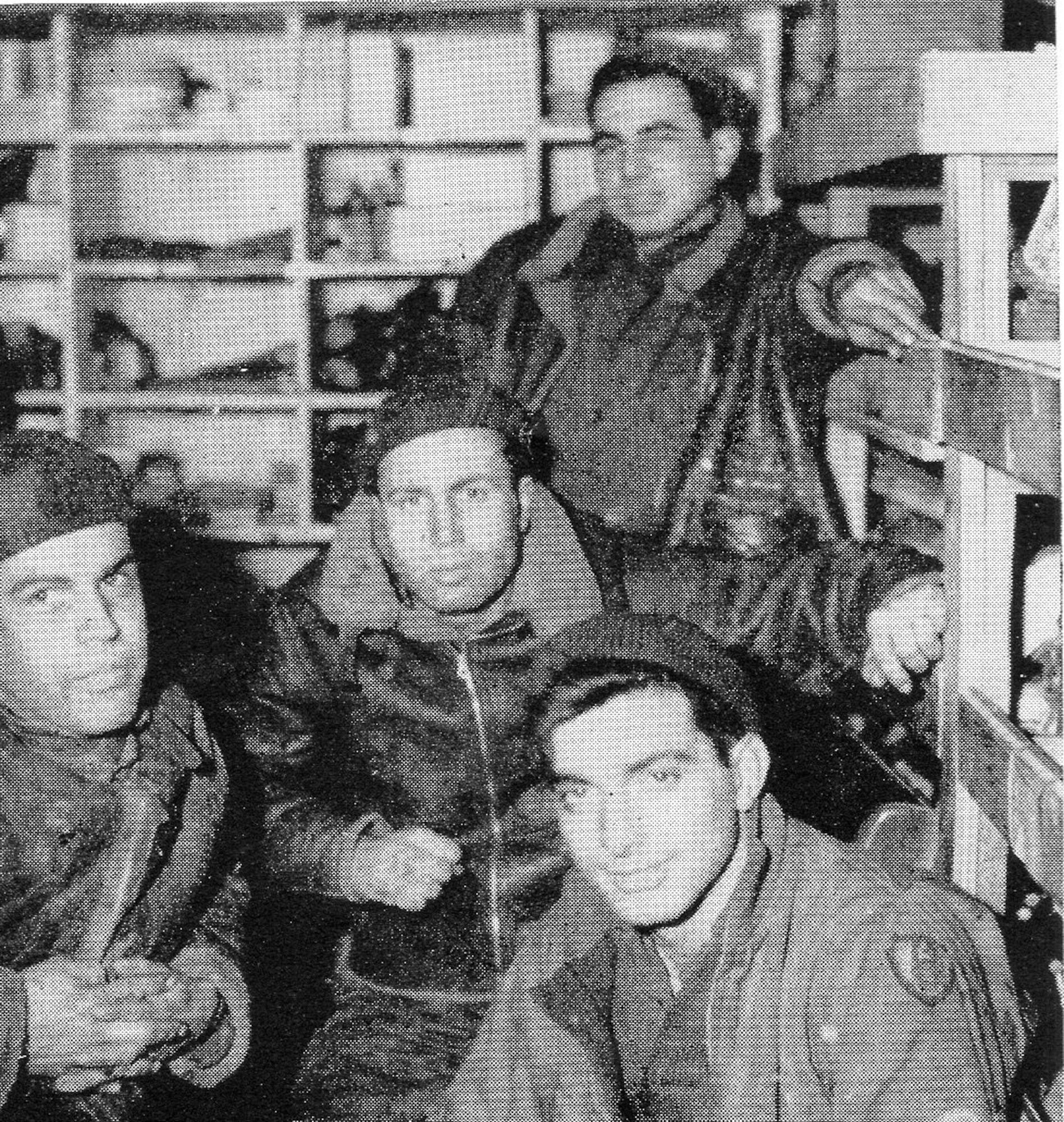 PFC Herbert Feit (standing), 406th Fighter Squadron, showed a relaxed pose in company with other enlisted men in the unit in this undated image.  Note the leather jackets, which undoubtedly came in handy during the cold winter of 1944-45.  He went missing on 1 April 1945.