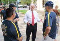 Precinct 4 County Commissioner Tommy Adkisson thanks Navy Medicine Training Support Center chief petty officers and CPO-selectees for their work during a volunteer project to help beautify downtown San Antonio. (Photo by Larry Coffey, Navy Medical Education and Training Command Public Affairs)