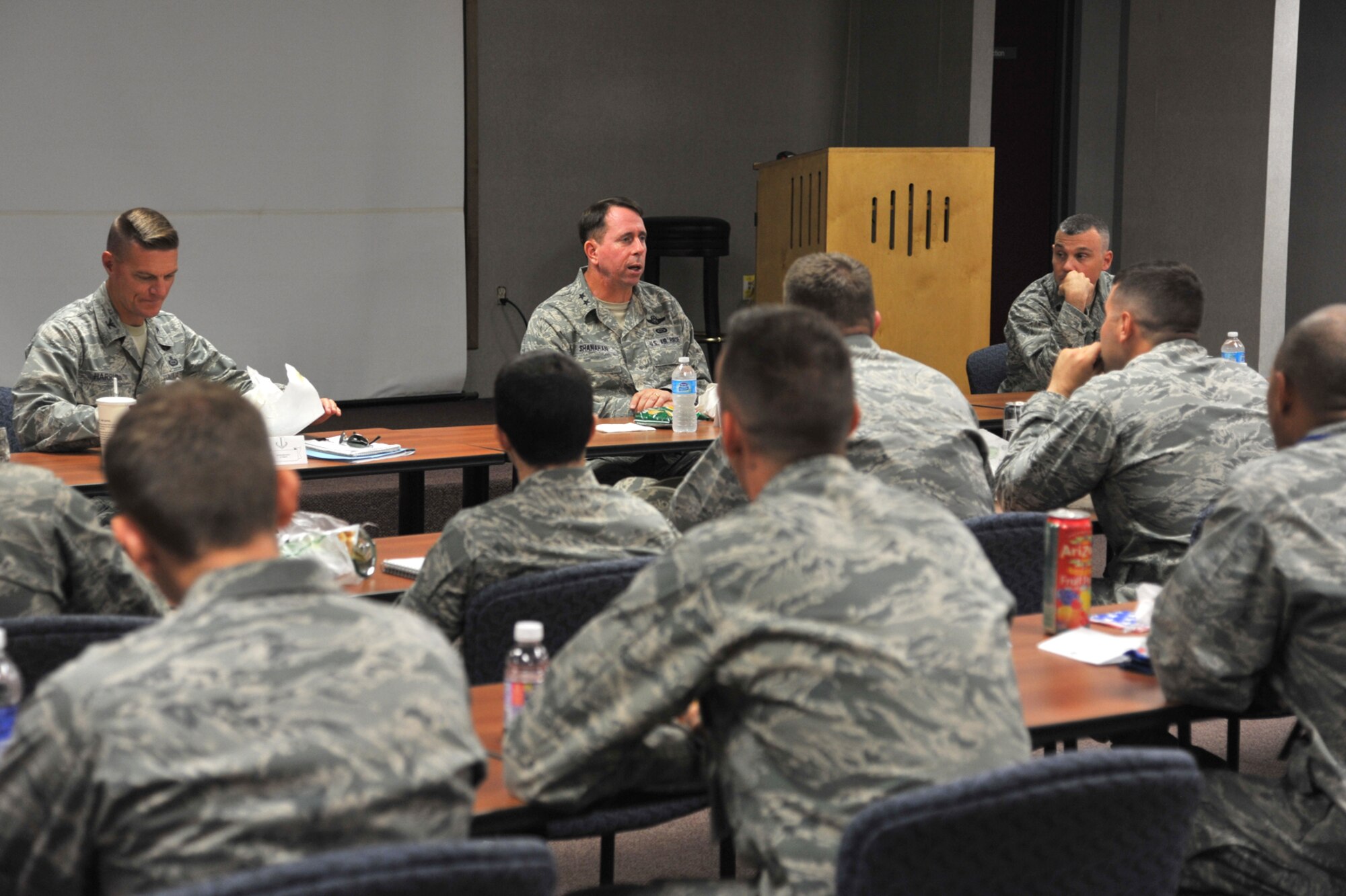 GOODFELLOW AIR FORCE BASE, Texas-- Maj. Gen. John Shanahan, Air Force Intelligence, Surveillance and Reconnaissance Agency Commander, answers questions from 17th Training Group officers Sept. 19. Maj. Gen. Shanahan is responsible for providing multisource ISR products, applications, capabilities and resources, as well as cyber ISR forces. (U.S. Air Force photo/Senior Airman Michael Smith)