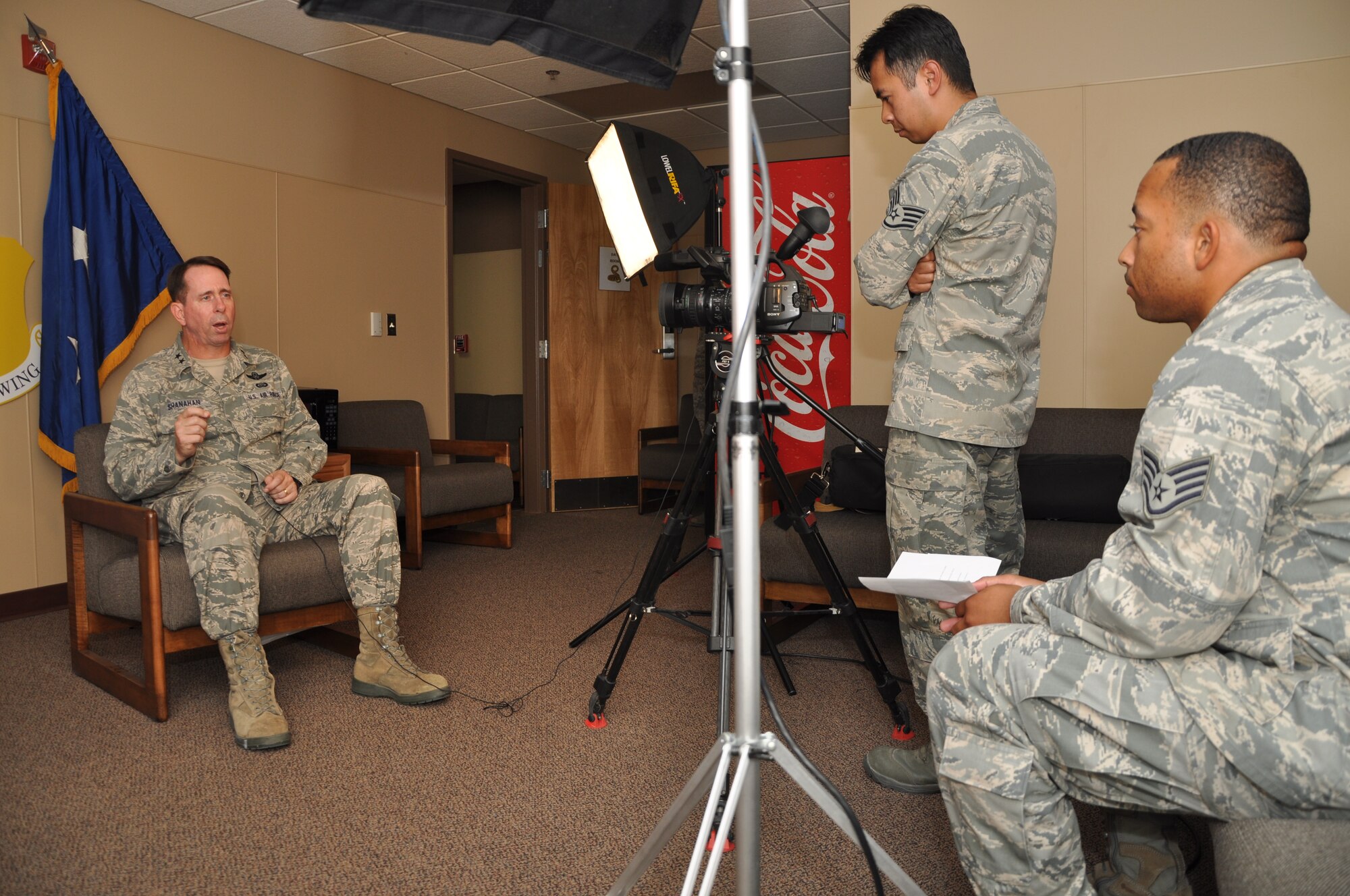 GOODFELLOW AIR FORCE BASE, Texas -- Maj. Gen. John Shanahan, Air Force Intelligence, Surveillance and Reconnaissance Agency Commander, answers questions during an interview with Staff Sgt. Tsuyoshi Shinzato, 17th Training Wing Public Affairs broadcaster, at the 17th Training Group student dorms Sept 13. Maj. Gen. Shanahan spoke about the high level of dedication at Goodfellow. (U.S. Air Force photo/ Airman 1st Class Breonna Veal)