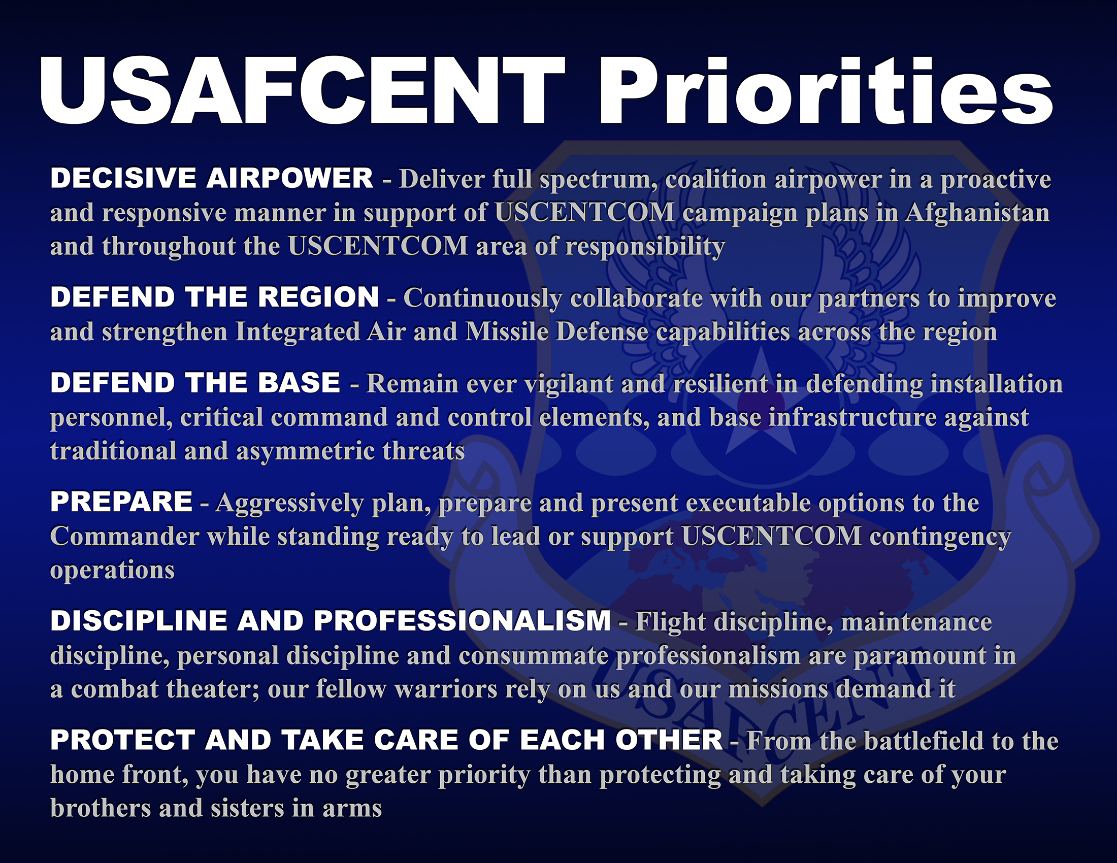 AFCENT Commander Unveils Priorities > U.S. Air Forces Central Command