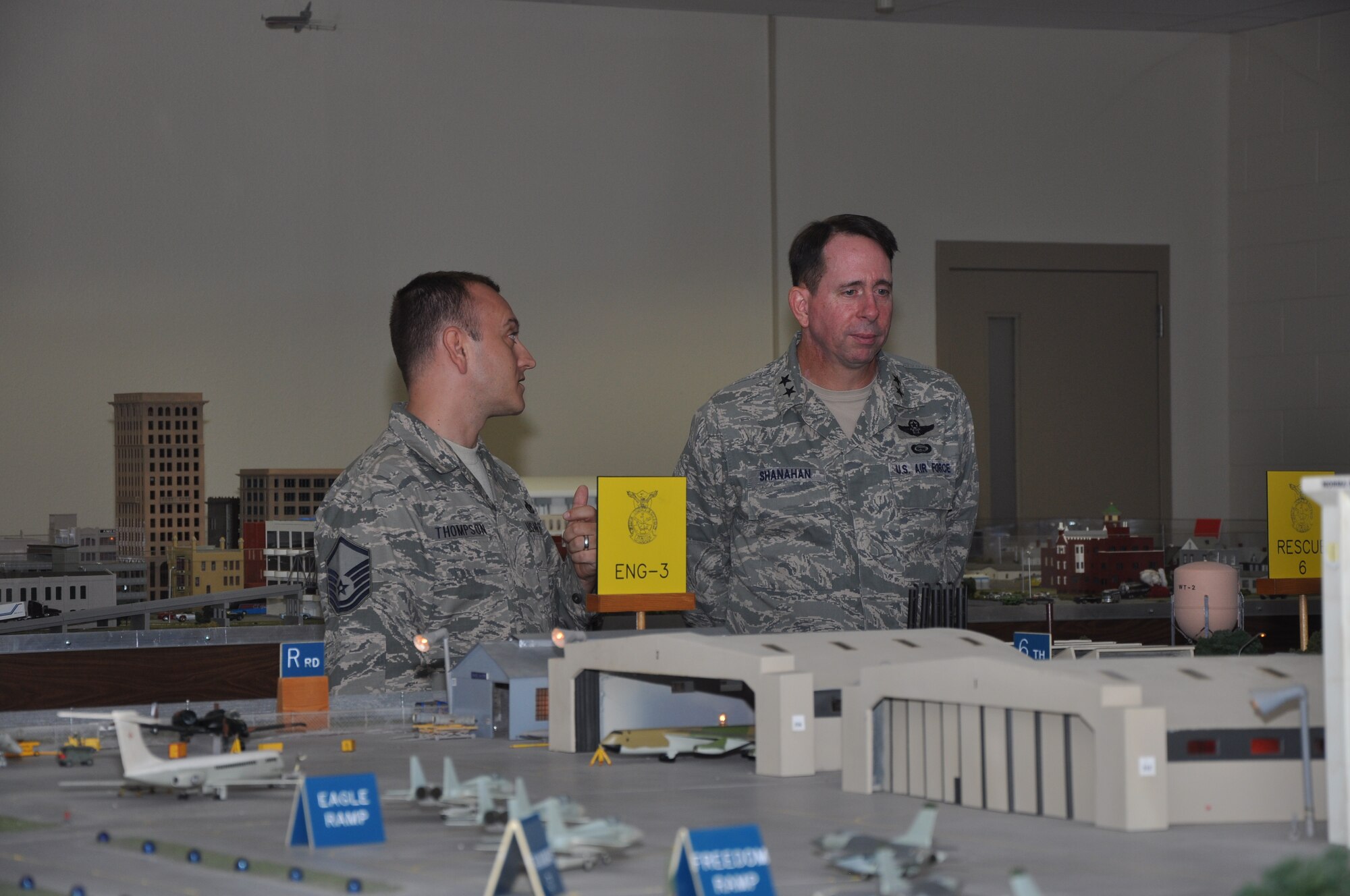 GOODFELLOW AIR FORCE BASE, Texas – Master Sgt. Stephen Thompson, 312th Training Squadron instructor, explains the Norma Brown trainer to Maj. Gen. John Shanahan, Air Force Intelligence, Surveillance and Reconnaissance Agency Commander, at the Louis F. Garland Department of Defense Fire Academy Sept. 13. The Norma Brown trainer gives students the opportunity to build experience as an on-scene commander. (U.S. Air Force photo/ Airman 1st Class Breonna Veal)