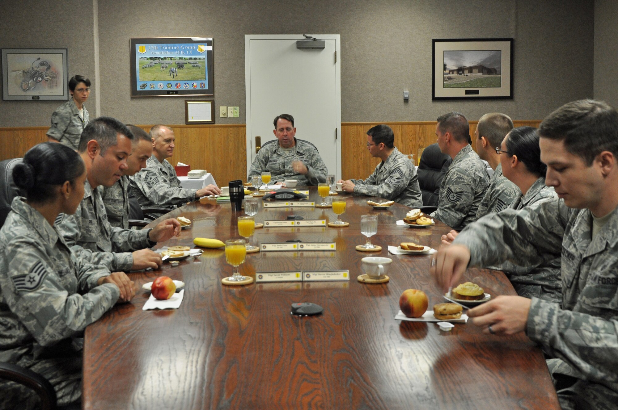 GOODFELLOW AIR FORCE BASE, Texas – Maj. Gen.  John Shanahan, Air Force Intelligence, Surveillance and Reconnaissance Agency Commander, talks to 17th Training Group enlisted instructors during a breakfast in the 17th TRG conference room, Sept. 13. Maj. Gen. Shanahan visited Goodfellow to tour the 17th Training Wing, learn about the 17th’s mission and present the keynote speech at the wing’s Air Force Ball. (U.S. Air Force photo/ Airman 1st Class Breonna Veal)
