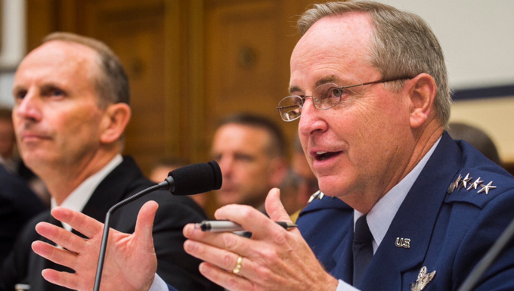 Air Force Chief of Staff Gen. Mark A. Welsh III answers a question about the ongoing and future impacts of sequestration on the Air Force during a House Armed Services Committee hearing, Sept. 18, 2013, Washington, D.C. Among other concerns, Welsh emphasized the danger of having to choose between a ready force today, or a modern force tomorrow. (Photo by James Varhegyi)