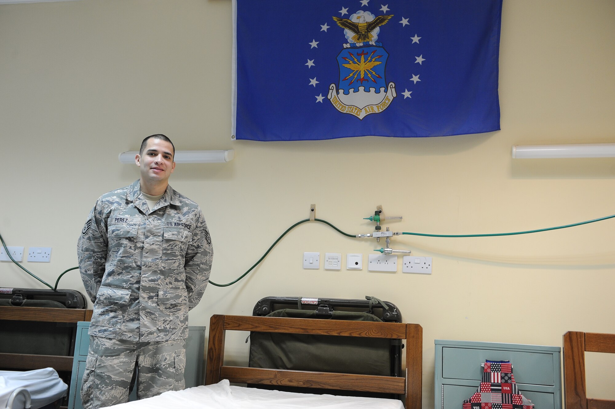 Staff Sgt. Gabriel Perez is the Medical Control Center Noncommissioned officer in charge at the 386th Expeditionary Medical Group, undisclosed location, Southwest Asia.  He is responsible for ensuring proper coordination of patient care and transmitting relevant information to leadership.  He is deployed from Eglin Air Force Base, Fla.  He has been selected as this week's Rock Solid Warrior.  (U.S. photo by Master Sgt. Marelise Wood)