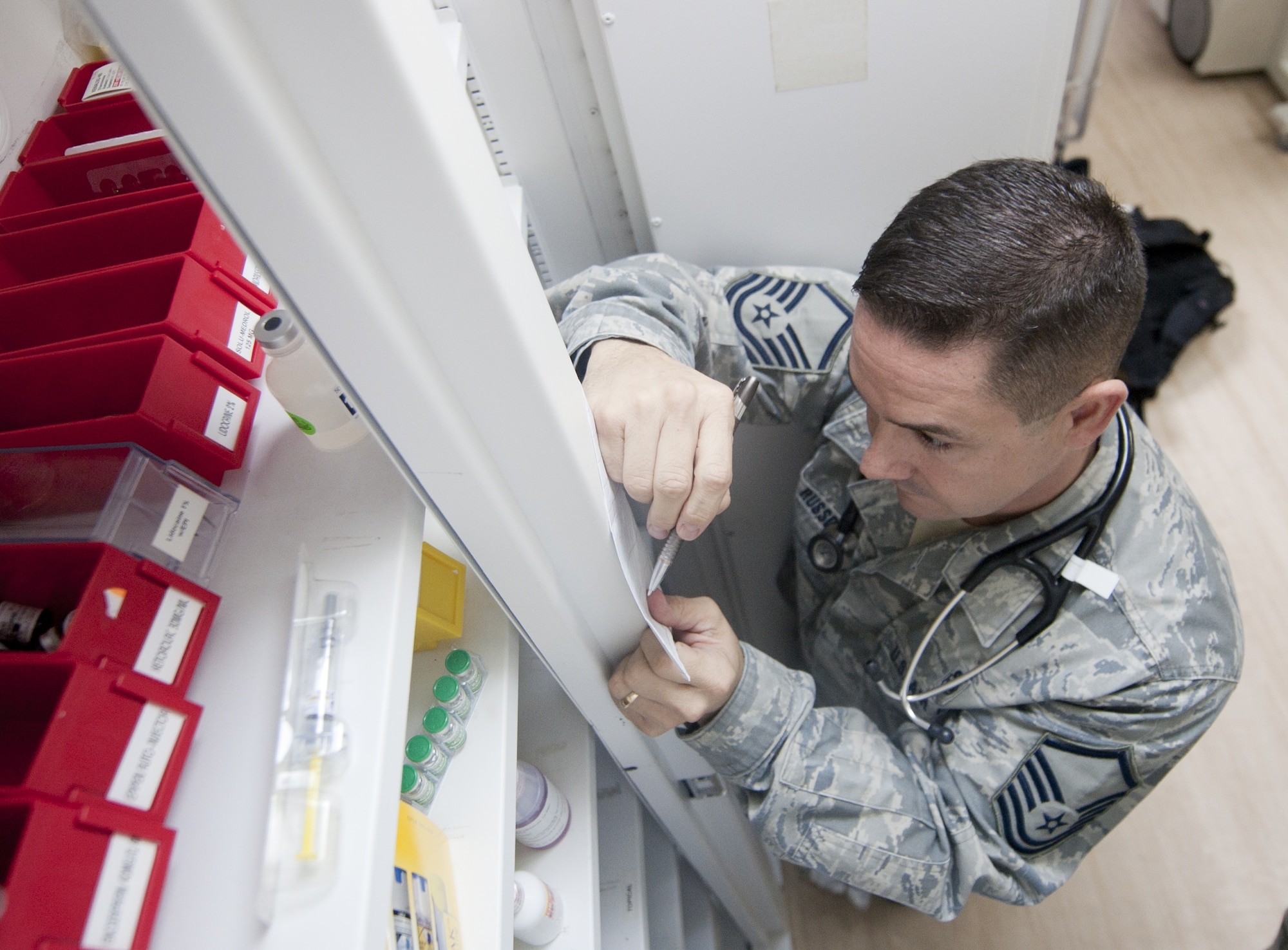 U.S. Air Force Master Sgt. Claude Russo, 380th Air Expeditionary Wing independent duty medical technician, takes stock of his prescription medication locker at an undisclosed location in Southwest Asia Sept. 17, 2013. Russo and other squadron medical element IDMTs use this locker to treat patients. Russo calls Oklahoma City, Okla., home and is deployed from Joint Base Elmendorf-Richardson, Alaska. (U.S. Air Force photo by Staff Sgt. Jacob Morgan)