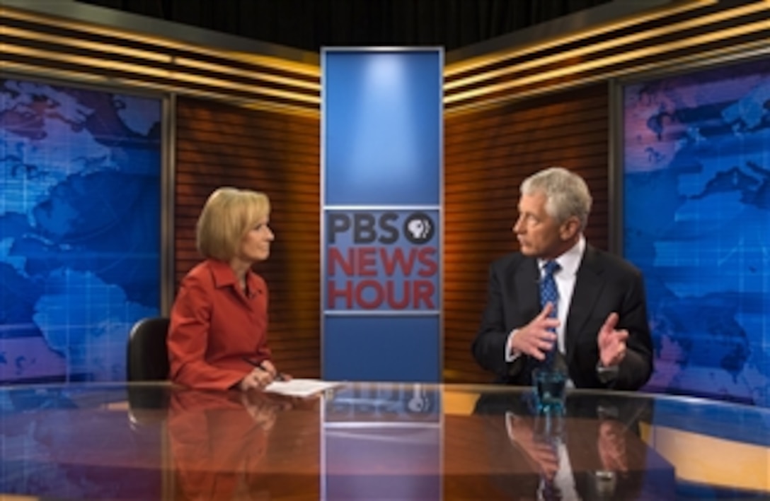 Secretary of Defense Chuck Hagel joins Judy Woodruff on the set of News Hour to discuss the reviews he has ordered in the wake of the Navy Yard shootings as well as security issues in the Middle East in Washington, D.C., on Sept. 18, 2013.  