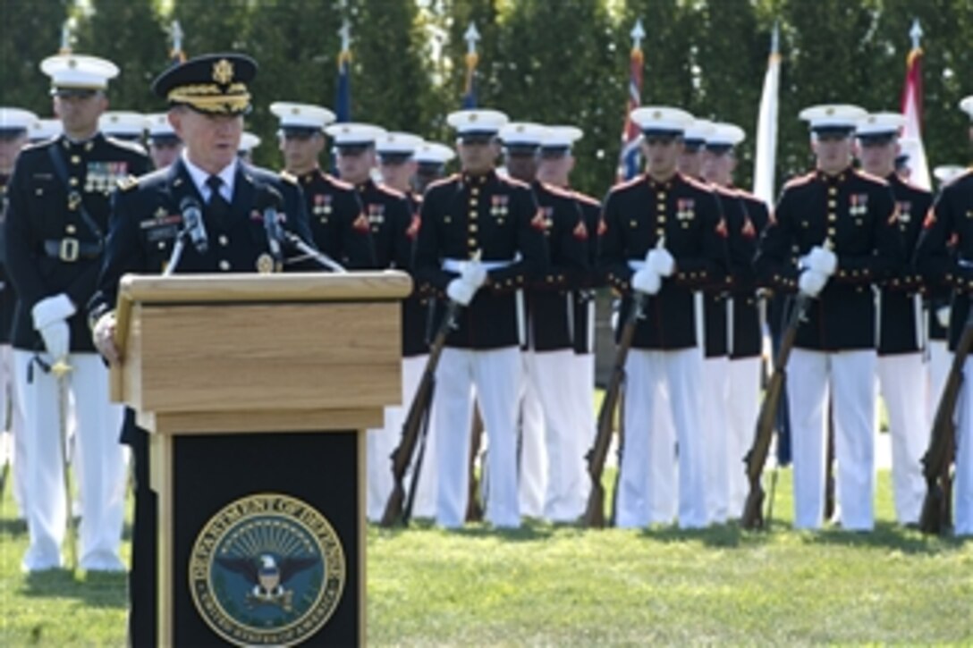 Chairman of the Joint Chiefs of Staff Gen. Martin Dempsey speaks during the Department of Defense National POW/MIA Recognition Day ceremony at the Pentagon in Arlington, Va., on Sept. 20, 2013.  The ceremony pays tribute to those service members who have not returned from the battlefield and those who are held captive as prisoners of war.  