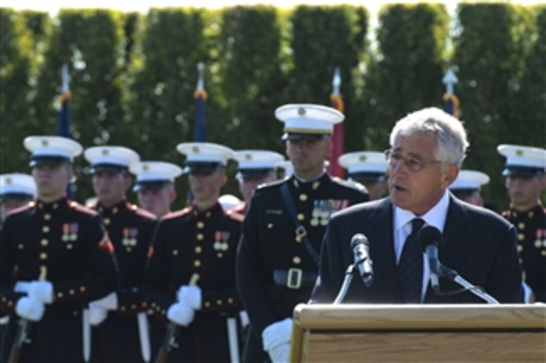 Secretary of Defense Chuck Hagel speaks during the Department of Defense National POW/MIA Recognition Day ceremony at the Pentagon in Arlington, Va., on Sept. 20, 2013.  The ceremony pays tribute to those service members who have not returned from the battlefield and those who are held captive as prisoners of war.  