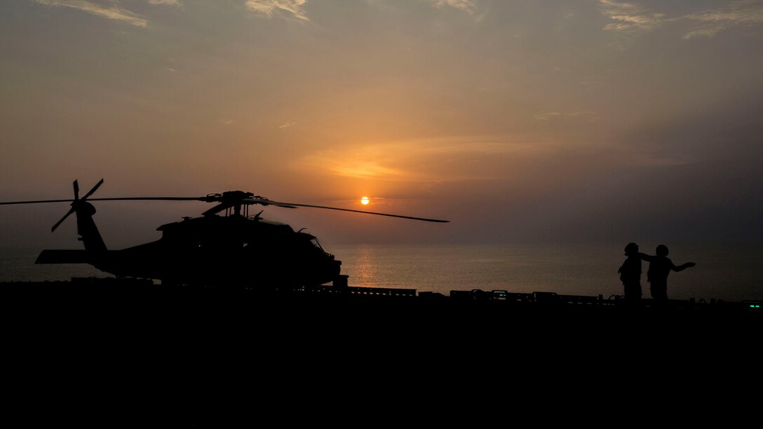 An MH-60S Sea Hawk prepares to takeoff from the flight deck of the USS Kearsarge (LHD 3), Sept. 22, 2013. The 26th MEU is a Marine Air-Ground Task Force forward-deployed to the U.S. 5th and 6th Fleet areas of responsibility aboard the Kearsarge Amphibious Ready Group serving as a sea-based, expeditionary crisis response force capable of conducting amphibious operations across the full range of military operations. (U.S. Marine Corps photo by Sgt. Christopher Q. Stone, 26th MEU Combat Camera/Released)