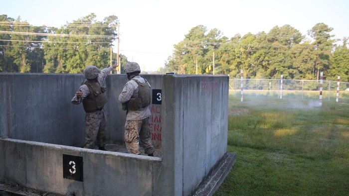 A Marine with Bridge Company, 8th Engineer Support Battalion, 2nd Marine Logistics Group prepares to throw an M-69 training grenade on a grenade range aboard Camp Lejeune, N.C., Sept. 10, 2013. Service members with the unit used the M-69s to prepare them to throw M-67fragmentation grenades safely during the training exercise.