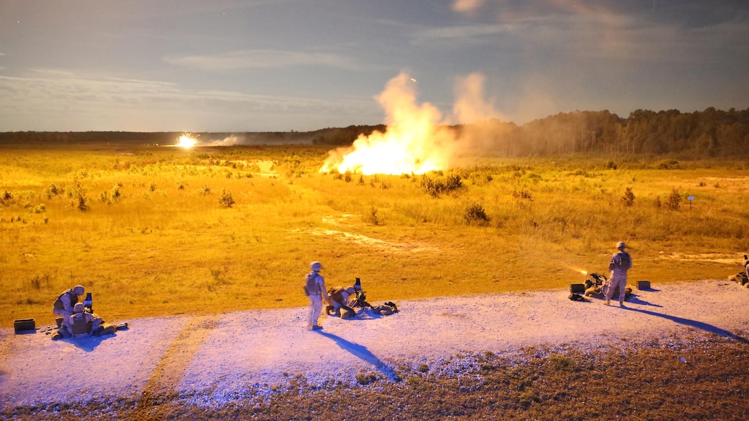 Marines with Bridge Company, 8th Engineer Support Battalion, 2nd Marine Logistics Group fire Mk. 19 Grenade Launchers during night fire as part of a grenade training exercise aboard Camp Lejeune, N.C., Sept. 17, 2013. The service members waited for illumination flares to light the range before opening fire on targets.