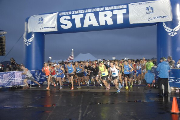Runners break at the start line of the 17th Annual Air Force Marathon Sept. 21, at Wright-Patterson Air Force Base, Ohio. More than 9,000 runners participated in the evert. (U.S.Air Force photo/Michelle Gigante)