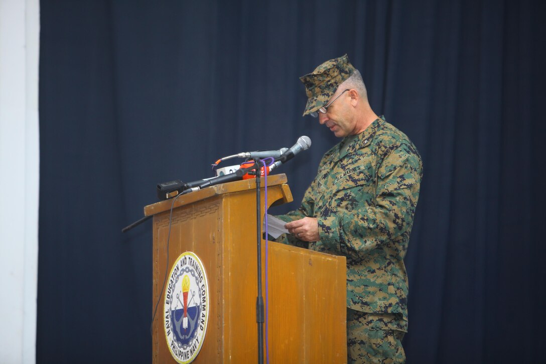 Brig. Gen. Paul. J. Kennedy addresses members of the Philippine and U.S. Marines Corps during the opening ceremony of Amphibious Landing Exercise 2014 at Naval Station Leovigildo Gantioqui, San Antonio, Zambales, Republic of the Philippines, Sept. 18. The recurrence of PHIBLEX, now in its 30th year, demonstrates the U.S. and Republic of the Philippines' commitment to mutual security and their long-time partnership. Kennedy is the commanding general of 3d Marine Expeditionary Brigade.