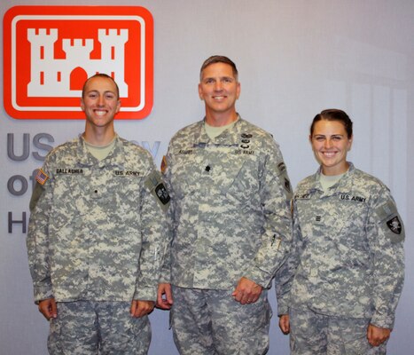 U.S. Army ROTC Cadet Andrew Gallagher (left), and U.S. Military Academy Cadet Danielle Martinez (right) were briefed by Honolulu District Commander Lt. Col. Thomas D. Asbery (center) prior to their summer intern tour.  
