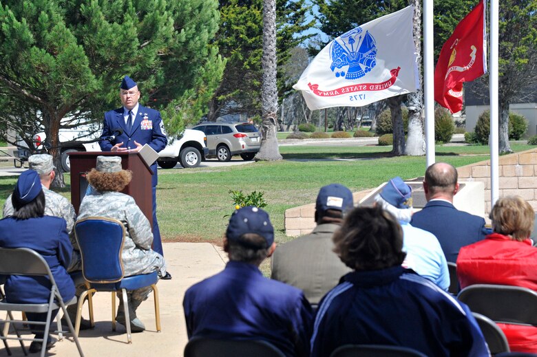 VANDENBERG AIR FORCE BASE, Calif. -- Chief Master Sgt. Ryan Peterson, 30th Space Wing command chief, speaks to veterans and guests during a POW/MIA remembrance ceremony here Friday, Sept. 20, 2013. The ceremony marked the 34th United States' National POW and MIA Recognition Day observed across the nation on the third Friday of September each year and was preceded by a 24-hour name reading vigil. (U.S. Air Force Photo/Michael Peterson)