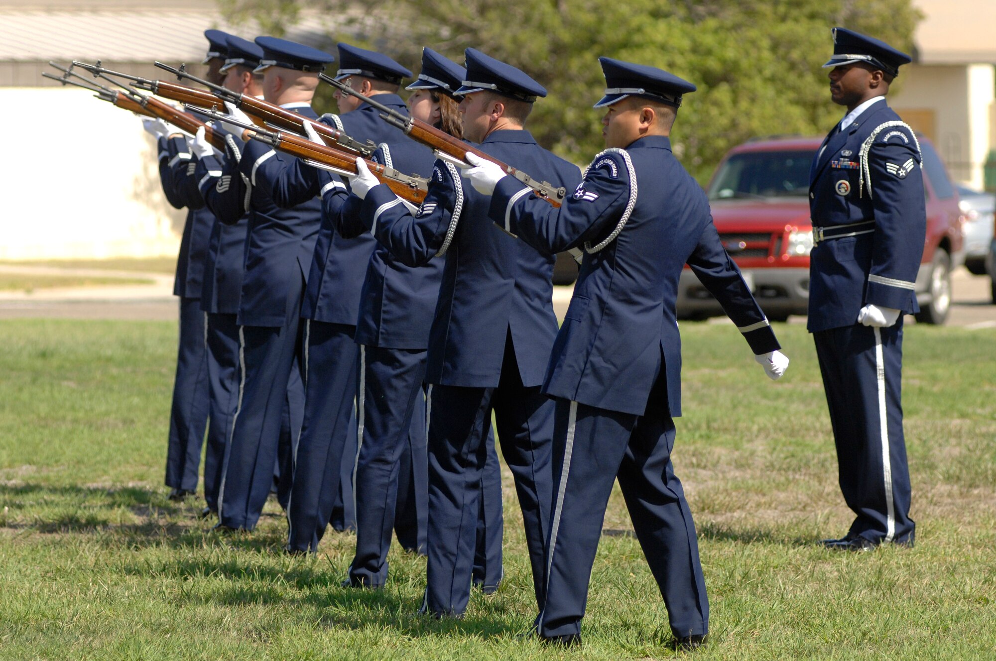 VANDENBERG AIR FORCE BASE, Calif. -- Vandenberg Honor Guard members complete the first volley of shots for the 21-gun salute during a POW/MIA remembrance ceremony here Friday, Sept. 20. The ceremony marked the 34th United States' National POW and MIA Recognition Day observed across the nation on the third Friday of September each year and was preceded by a 24-hour name reading vigil. (U.S. Air Force photo/Michael Peterson)
