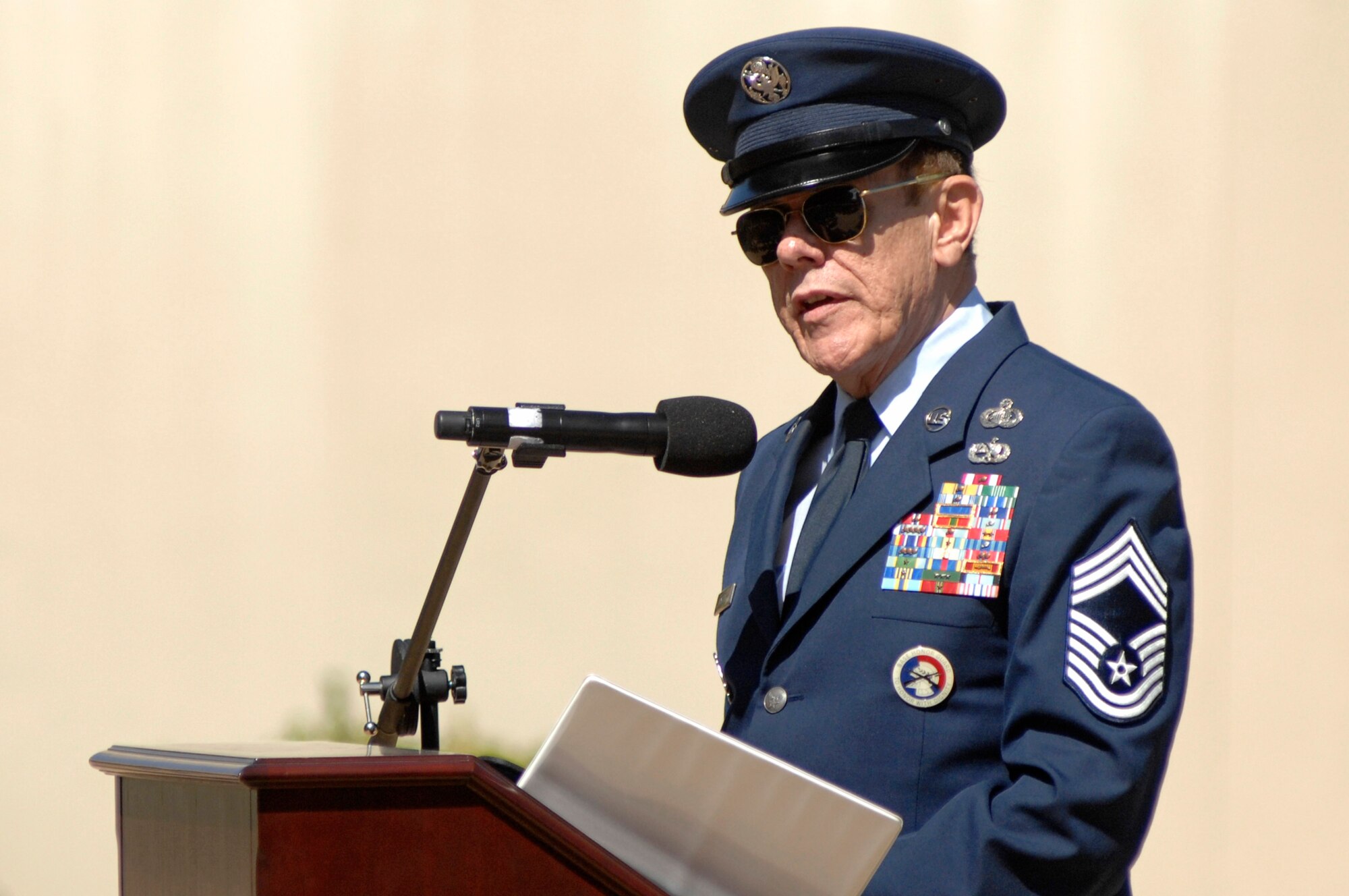VANDENBERG AIR FORCE BASE, Calif. -- Retired Chief Master Sgt. Norm Marous delivers a speech to guests of a POW/MIA remembrance ceremony here Friday, Sept. 20, 2013. The ceremony marked the 34th United States' National POW and MIA Recognition Day observed across the nation on the third Friday of September each year and was preceded by a 24-hour name reading vigil. (U.S. Air Force photo/Michael Peterson)