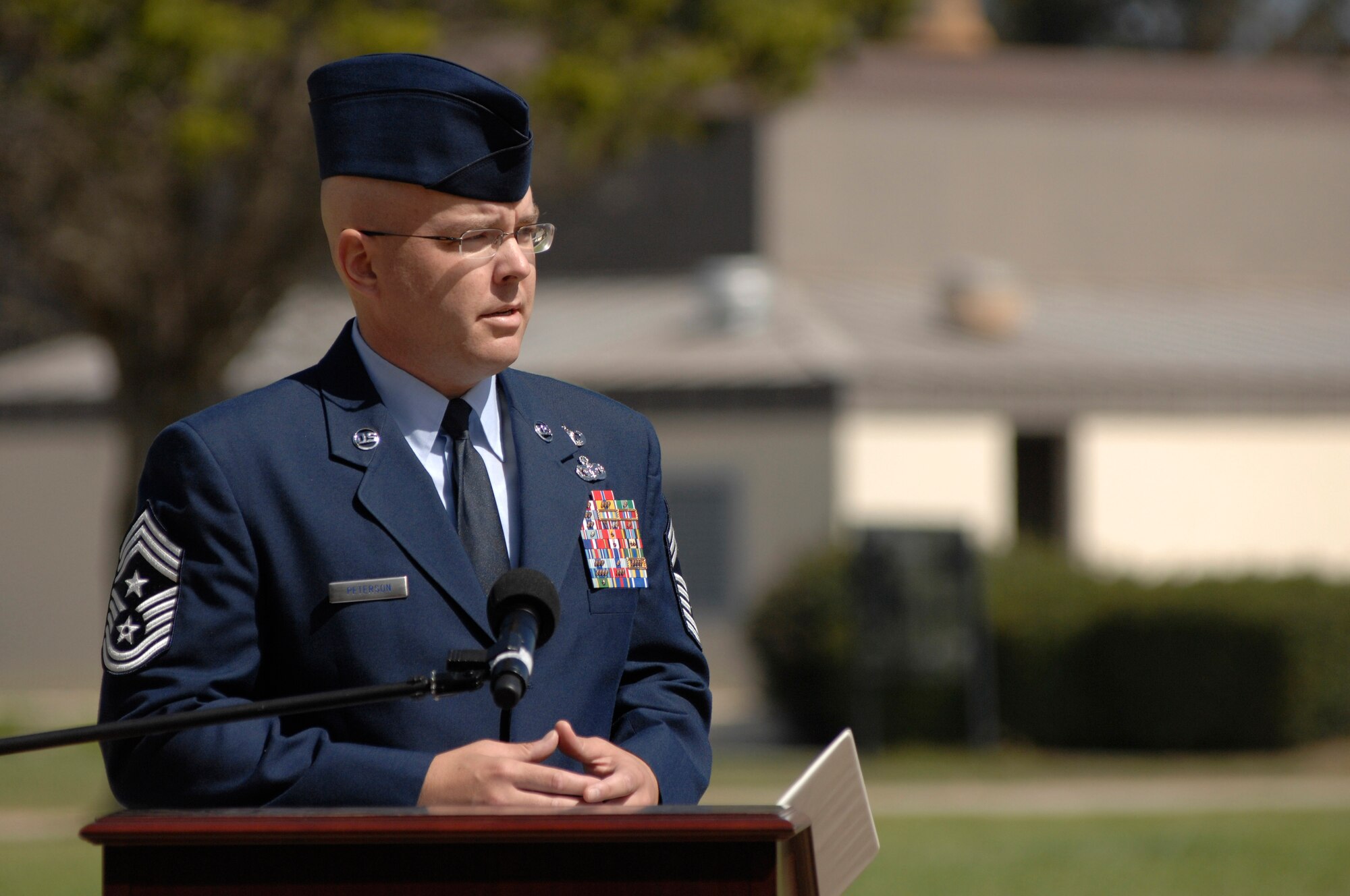 VANDENBERG AIR FORCE BASE, Calif. -- Chief Master Sgt. Ryan Peterson, 30th Space Wing command chief, speaks to veterans and guests during a POW/MIA remembrance ceremony here Friday, Sept. 20, 2013. The ceremony marked the 34th United States' National POW and MIA Recognition Day observed across the nation on the third Friday of September each year and was preceded by a 24-hour name reading vigil. (U.S. Air Force Photo/Michael Peterson)