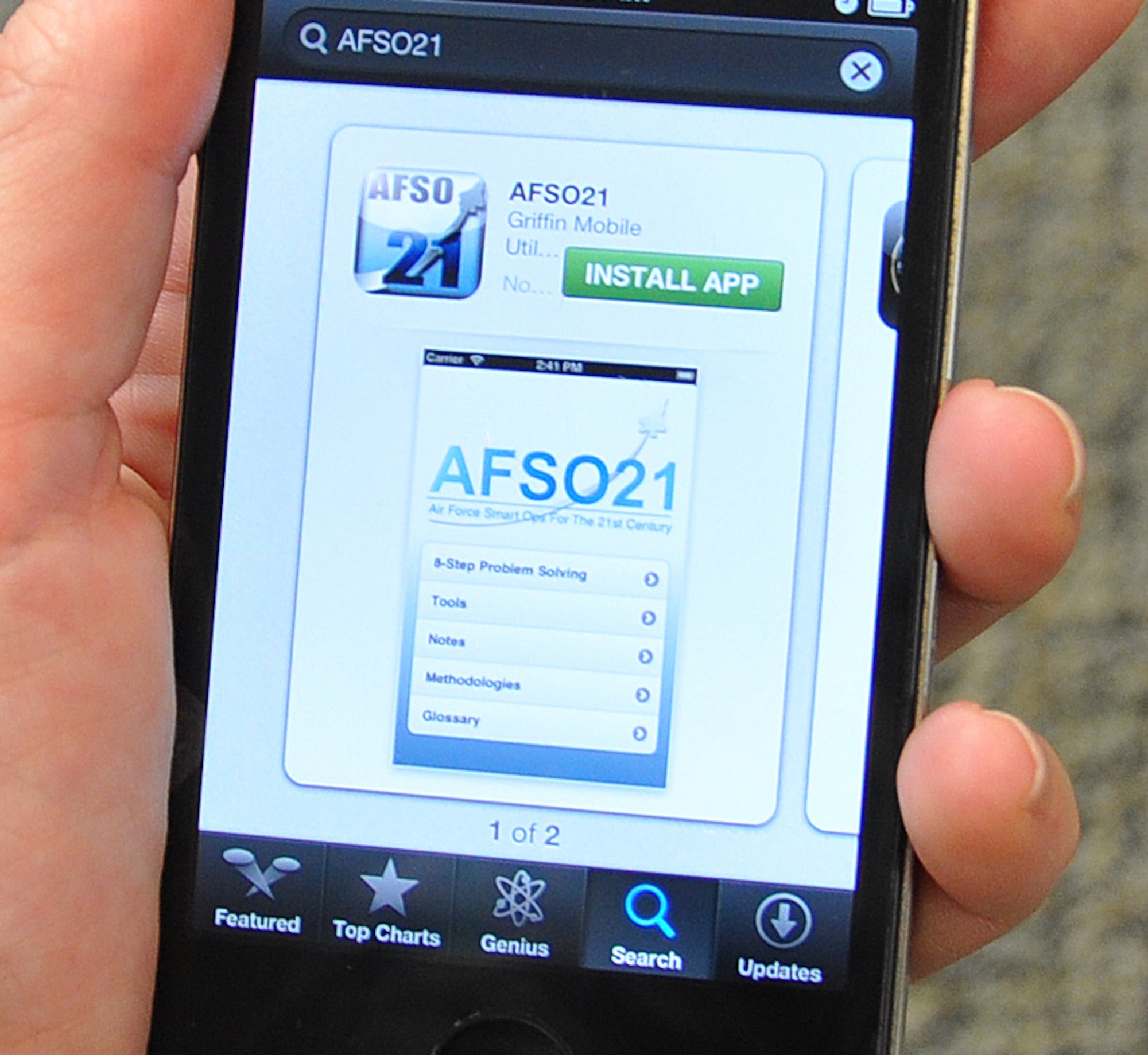 Airmen can now download an Air Force mobile application designed to help them better get at the root of workplace problems. The AFSO21 application, available for free download from the two most popular mobile marketplaces, provides a breakdown of problem solving steps with common tools and a rubric for each step. (U.S. Air Force photo by Tech. Sgt. Beth Anschutz)