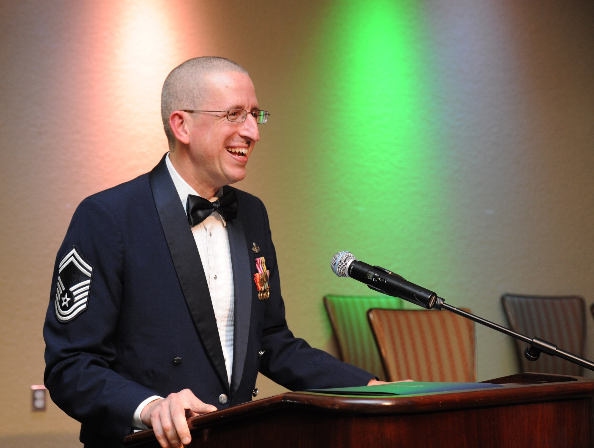 Senior Master Sgt. Michael Bullington, 336th Training Squadron and Air Force Association, John C. Stennis Chapter #332 president, makes closing remarks during the Air Force’s 66th Birthday Ball on Sept. 21, 2013, at Keesler Air Force Base, Miss. The event, sponsored by the AFA, John C. Stennis Chapter #332, also celebrated the 81st Training Wing’s 20th anniversary.  (U.S. Air Force photo by Kemberly Groue)