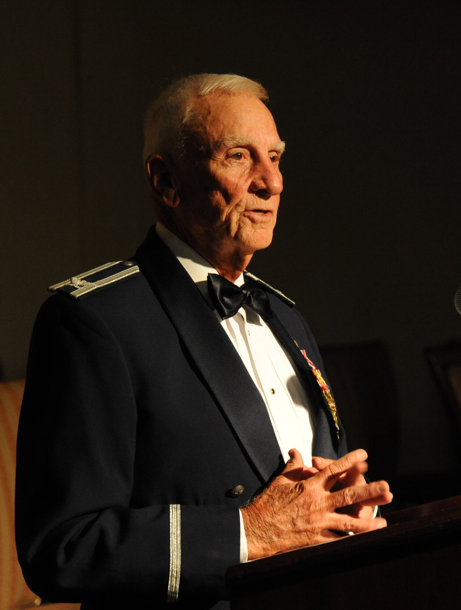 Retired Col. Carlyle Harris, former prisoner of war, makes remarks as the guest speaker during the Air Force’s 66th Birthday Ball on Sept. 21, 2013, at Keesler Air Force Base, Miss. The event, sponsored by the Air Force Association, John C. Stennis Chapter #332, also celebrated the 81st Training Wing’s 20th anniversary.  (U.S. Air Force photo by Kemberly Groue)