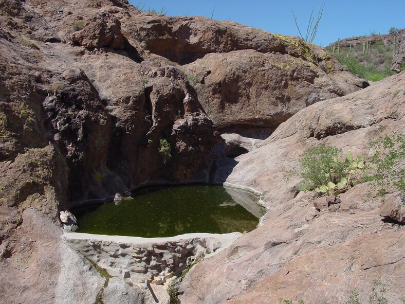 Throughout the Sonoran Desert, tinajas like this one on the Barry M. Goldwater Range-East have been modified to hold more water, thus helping to ensure a year-round water supply for desert wildlife such as Desert Bighorn.   Photo:  R. Whittle