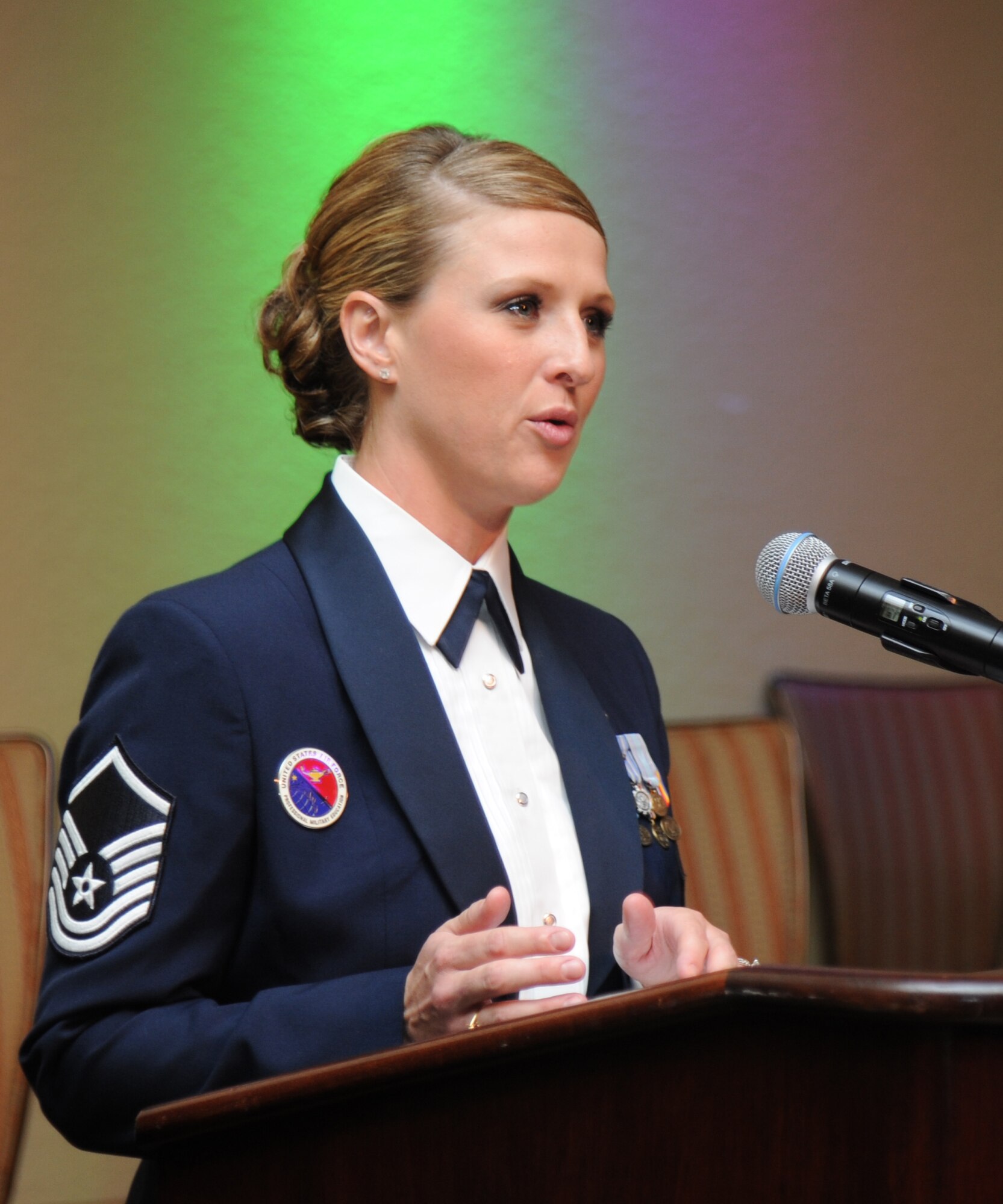Master Sgt. Courtney King, Mathies NCO Academy, serves as the master of ceremonies during the Air Force’s 66th Birthday Ball on Sept. 21, 2013, at Keesler Air Force Base, Miss. The event, sponsored by the Air Force Association, John C. Stennis Chapter #332, also celebrated the 81st Training Wing’s 20th anniversary.  (U.S. Air Force photo by Kemberly Groue)