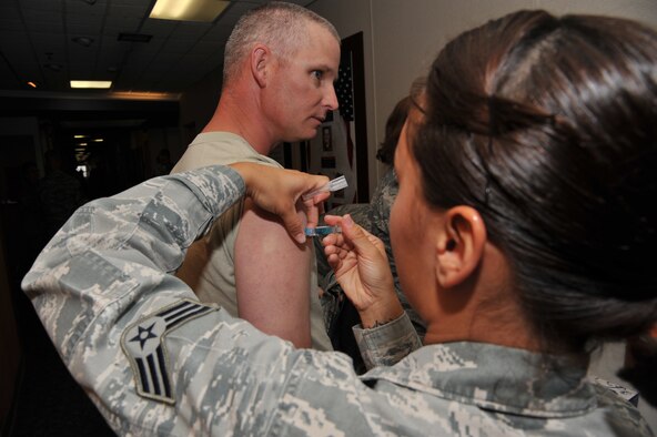 The influenza vaccine will be available at the Base Theater Oct. 8 from 7 a.m. to noon, as well as Oct. 21 and 22 from noon to 4 p.m. Active-duty members may also get their vaccine from the 377th Medical Group. The hours available for flu vaccine at the immunization clinic are Mondays from 7 a.m. to noon and 1 to 4 p.m., Tuesdays from 7 a.m. to noon and Wednesdays through Fridays from 7 a.m. to noon and 1 to 4 p.m. (File photo)
